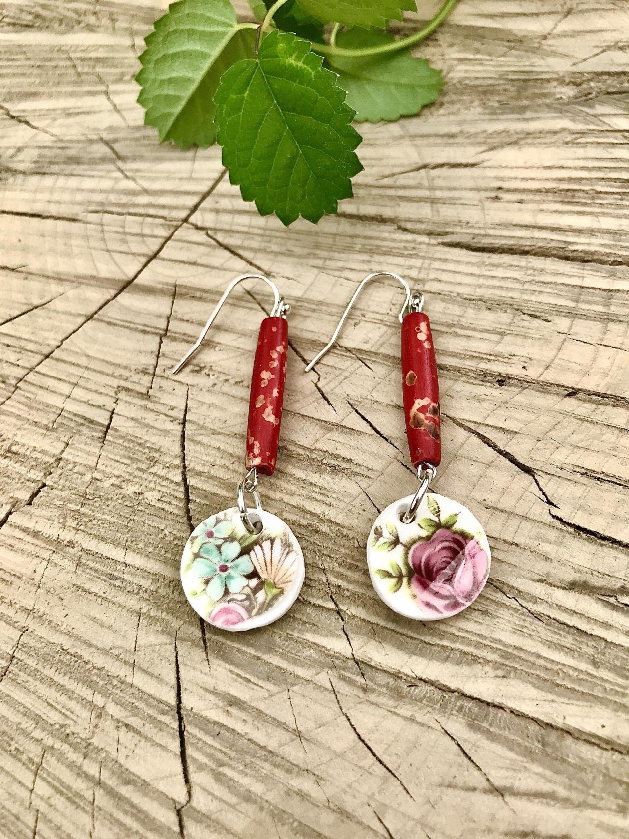 Cute Recycled Vintage Floral China & Red Ceramic Bead Dangle Earrings