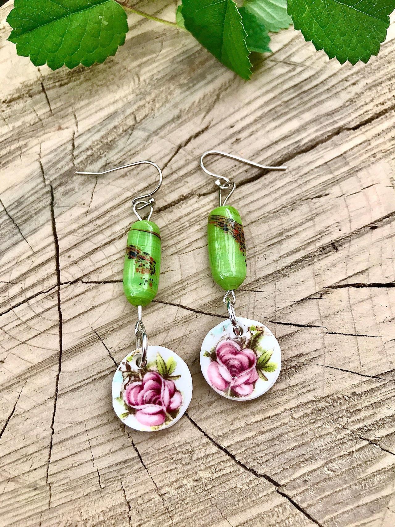 Cute Pink Recycled Vintage Floral China & Green Ceramic Bead Dangle Earrings
