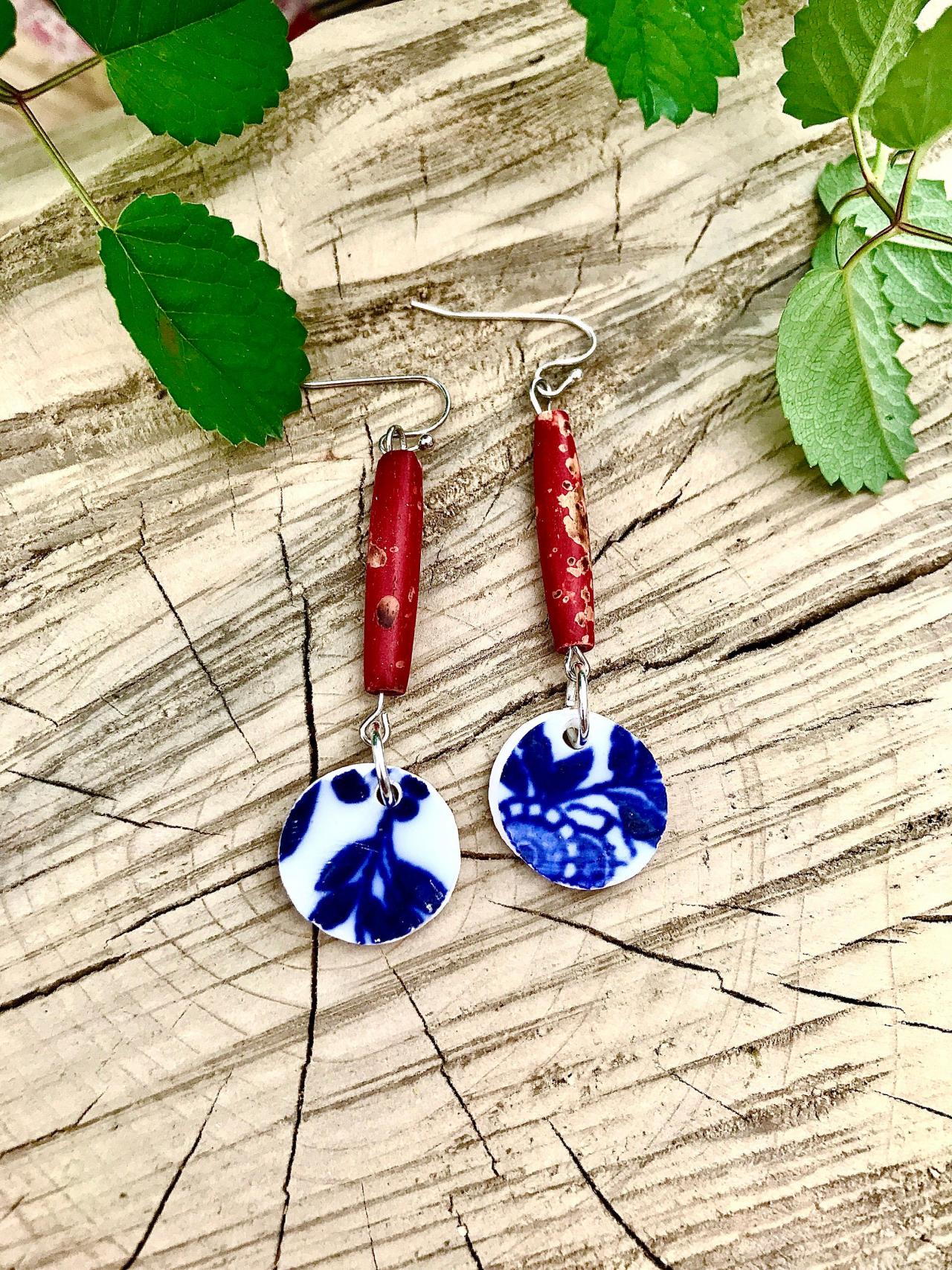 Cute Blue Recycled Vintage Floral China & Red Ceramic Bead Dangle Earrings