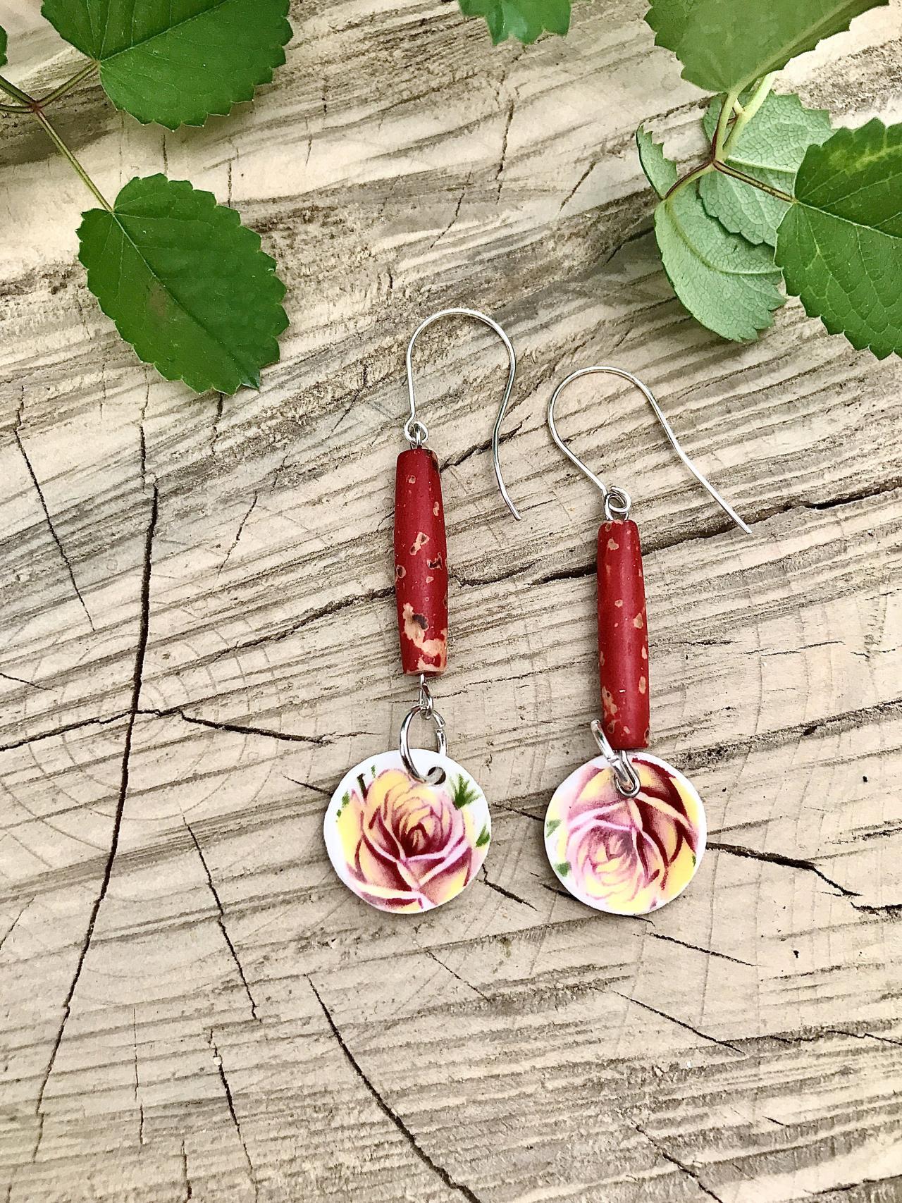 Cute pink recycled vintage floral China & red ceramic bead dangle earrings