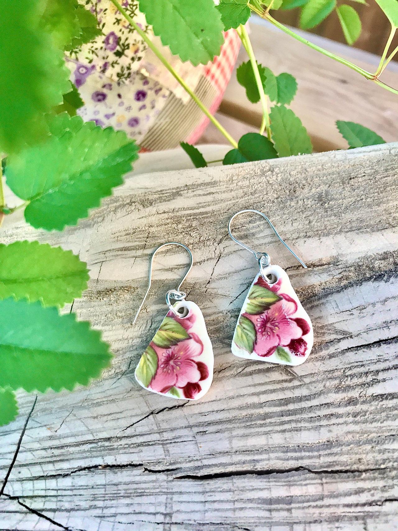 Sweet Vintage Recycled Pink Floral China Floral Dangle Earrings