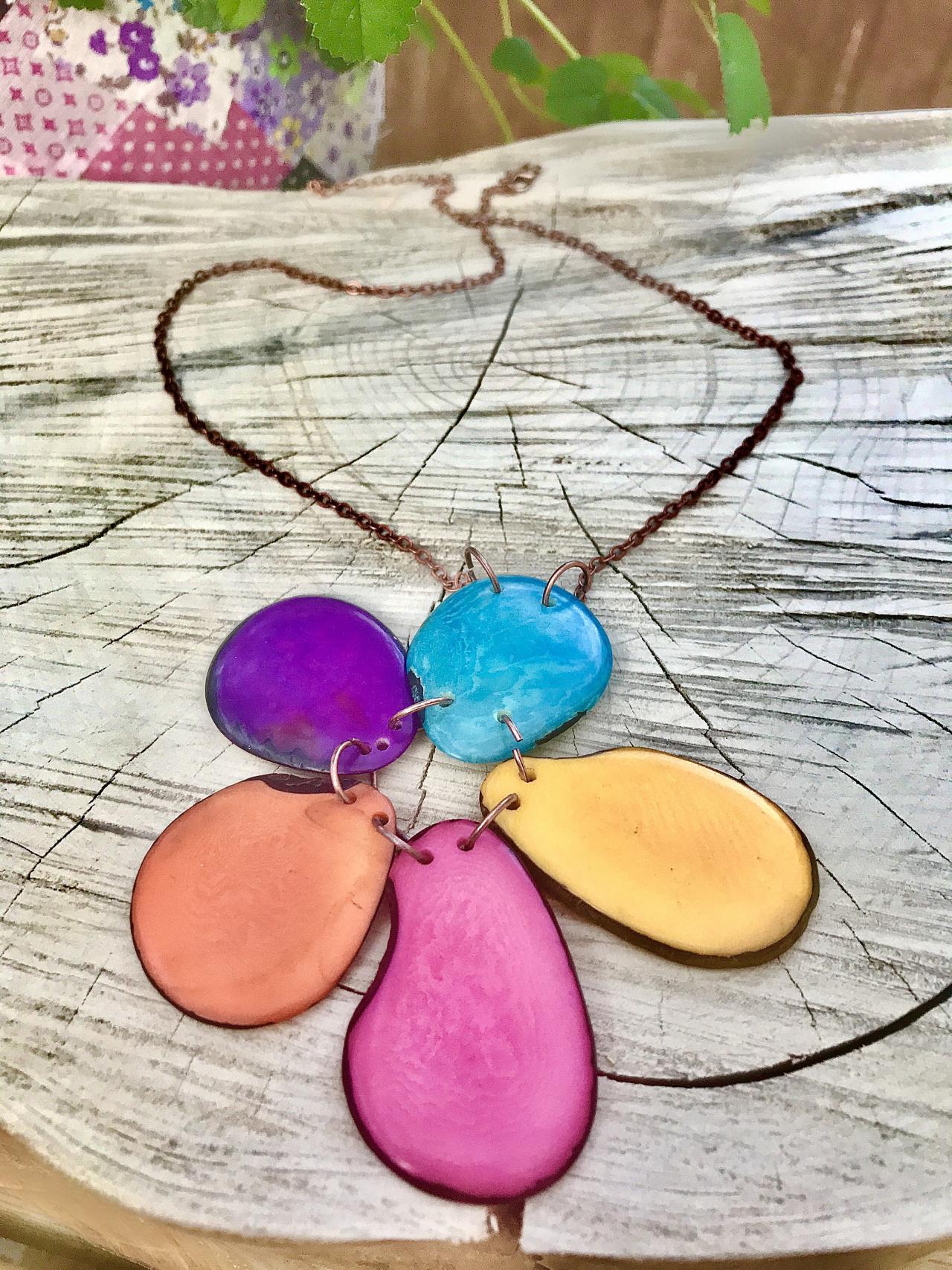 Boho Colourful Tagua Nut Necklace With Copper Chain.