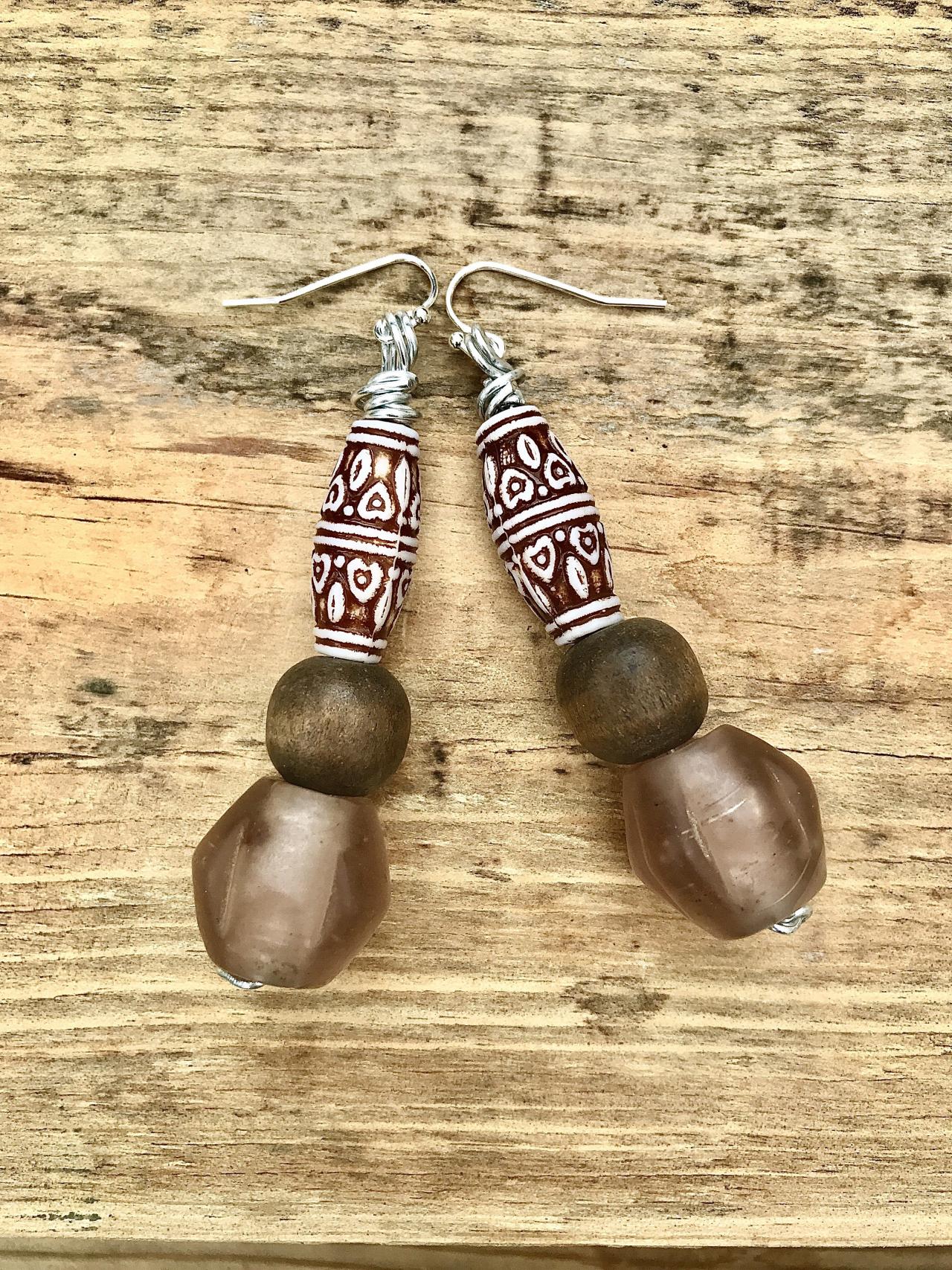 Gorgeous Recycled African Bottle Glass Ceramic And Wooden Beads Earrings With Sterling Silver Wires.