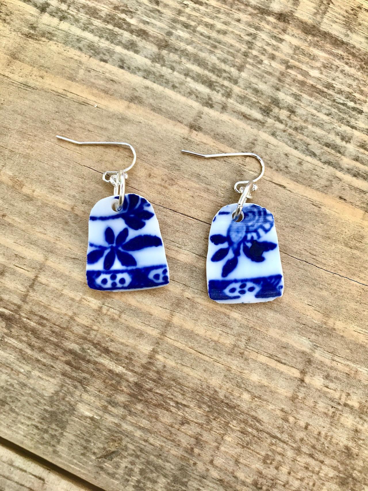 Sweet Blue Vintage Recycled China Dangle Earrings With Sterling Silver Earwires