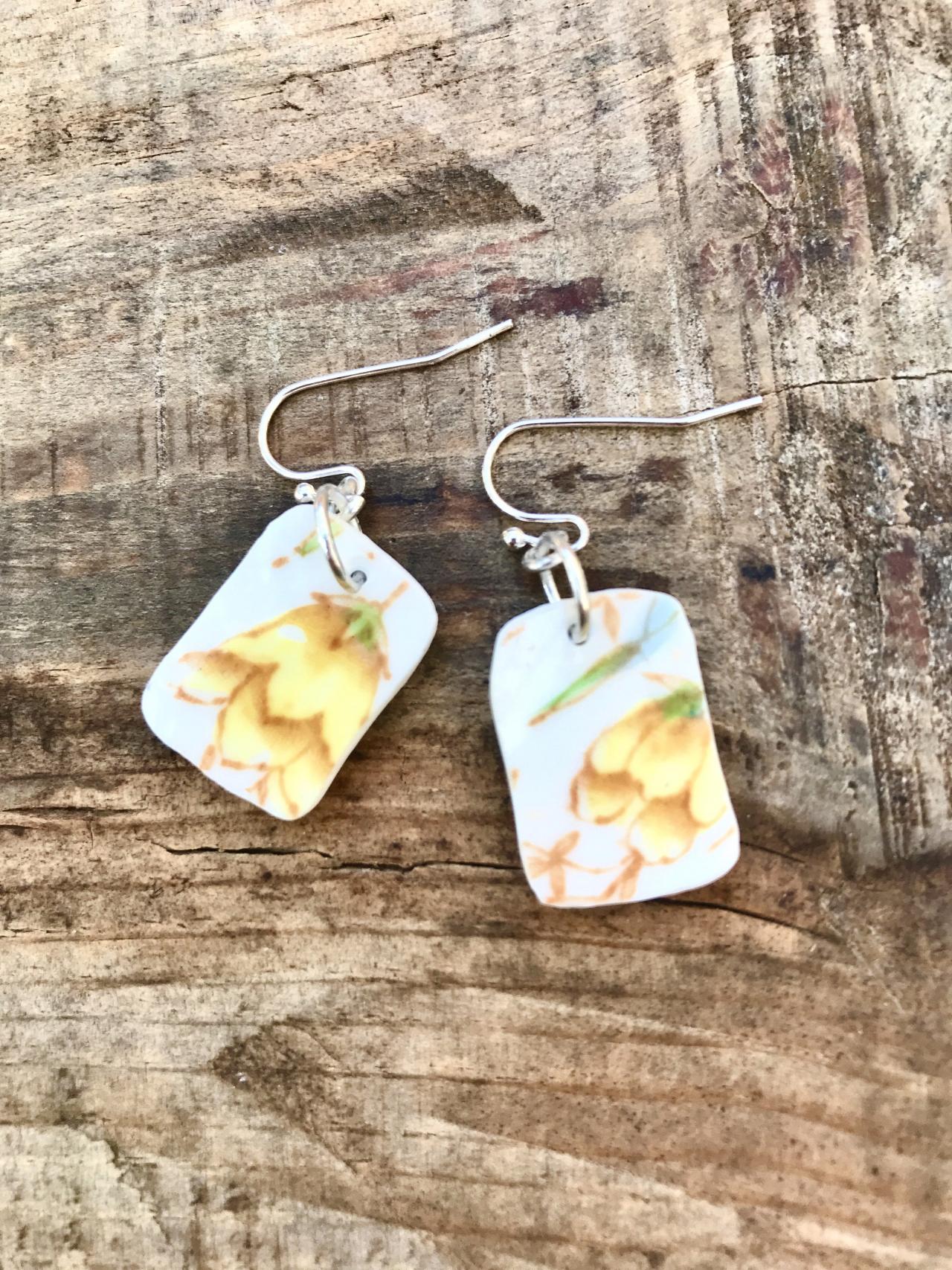 Sweet Pale Yellow Vintage Recycled China Floral Dangle Earrings