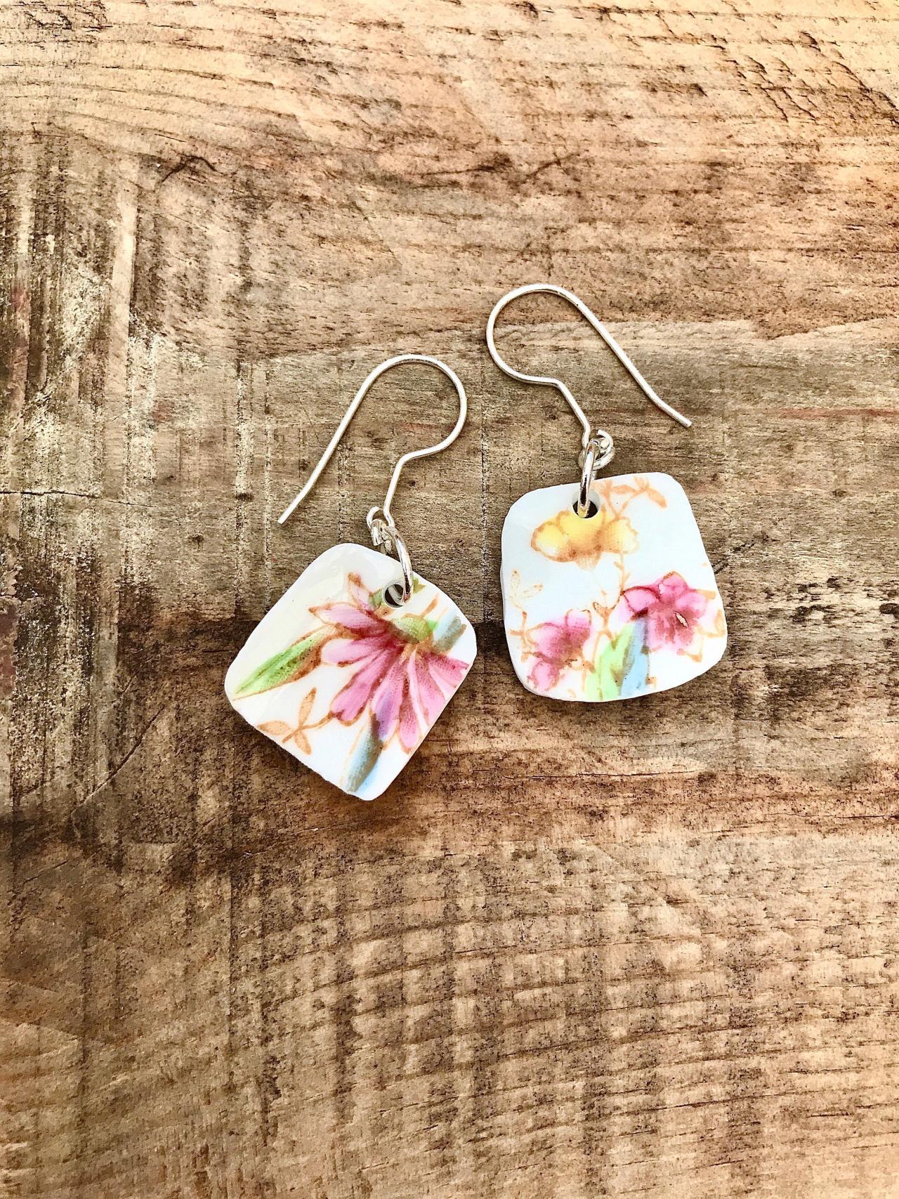 Sweet Pale Pink & Yellow Vintage Recycled China Floral Dangle Earrings