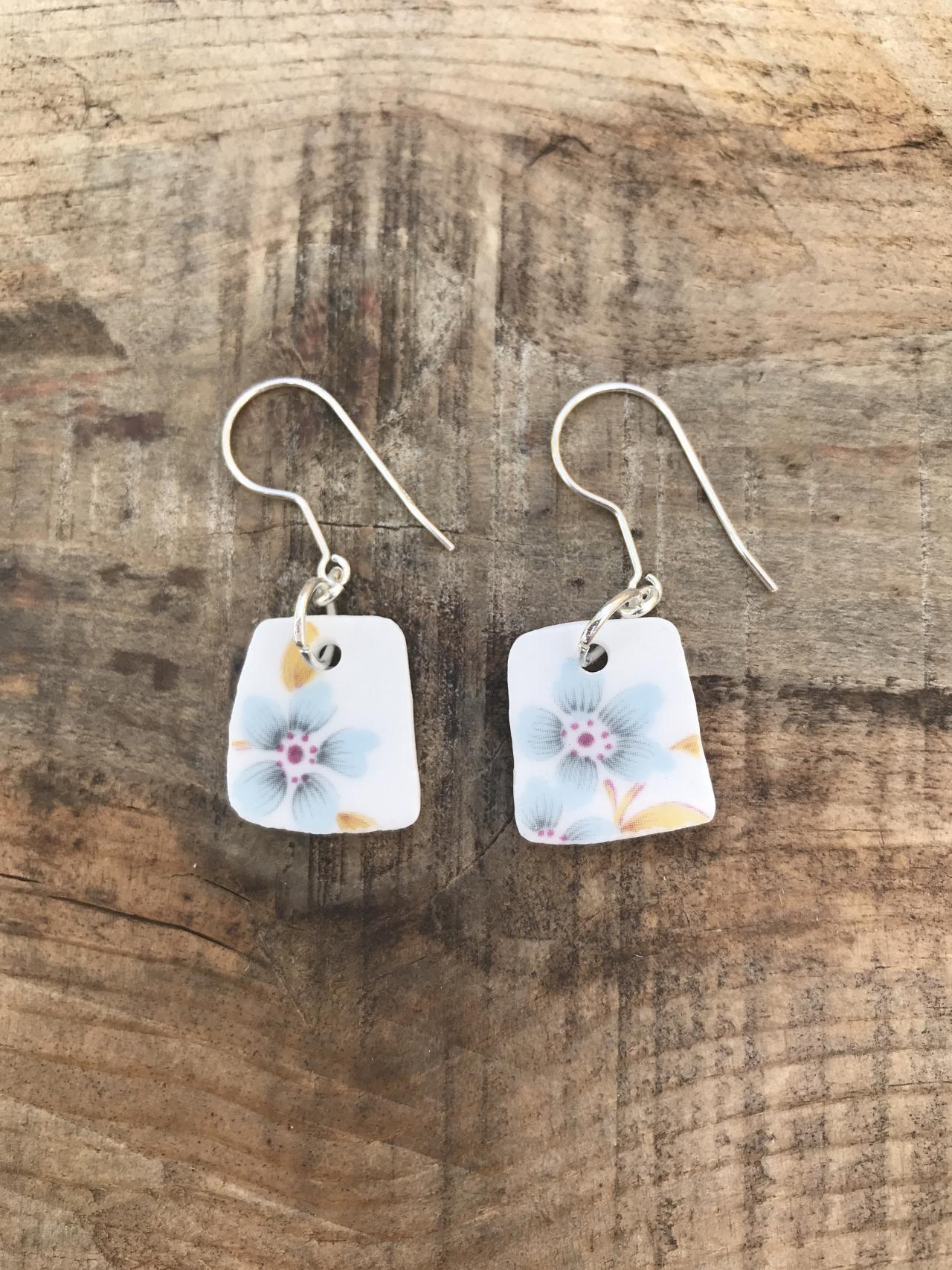 Sweet Pale Blue Vintage Recycled China Floral Dangle Earrings