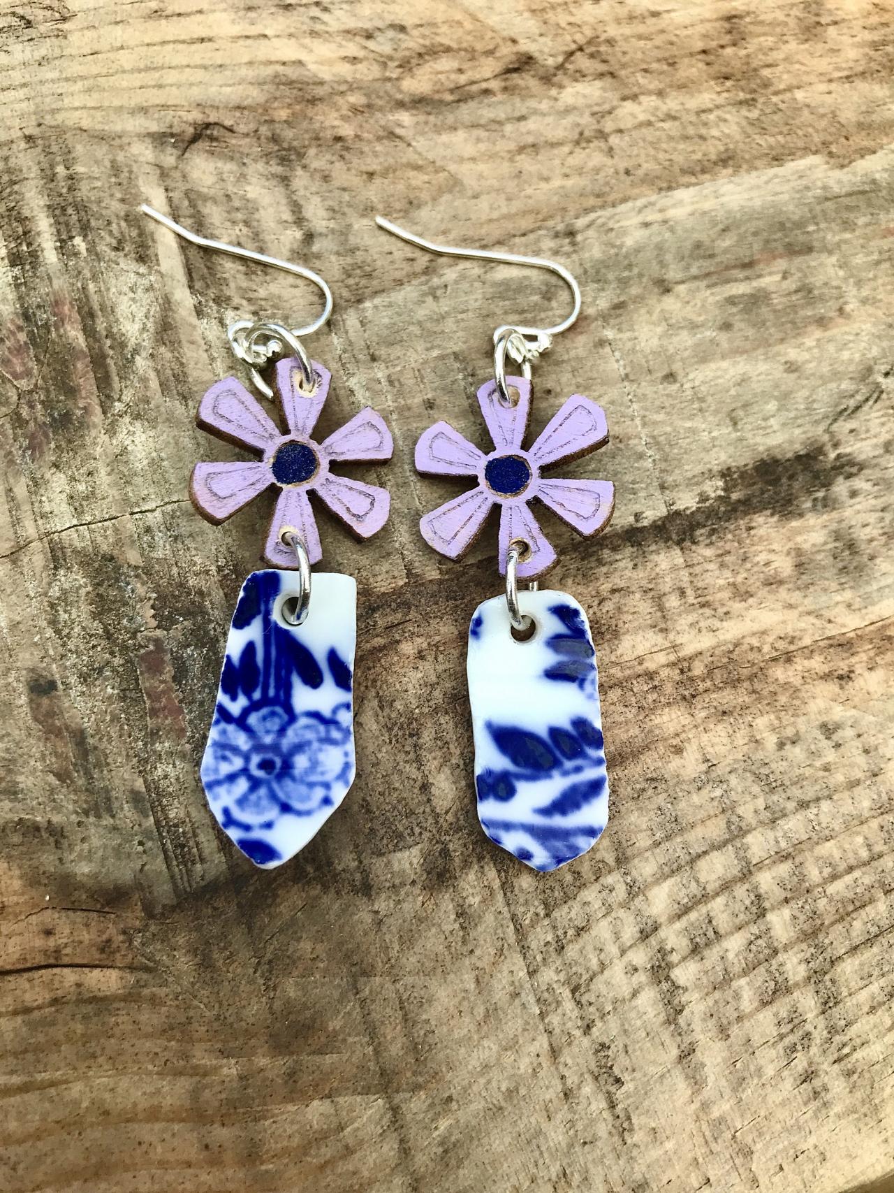 Pretty Purple Wooden Flower And Blue China Earrings With Sterling Silver Wires