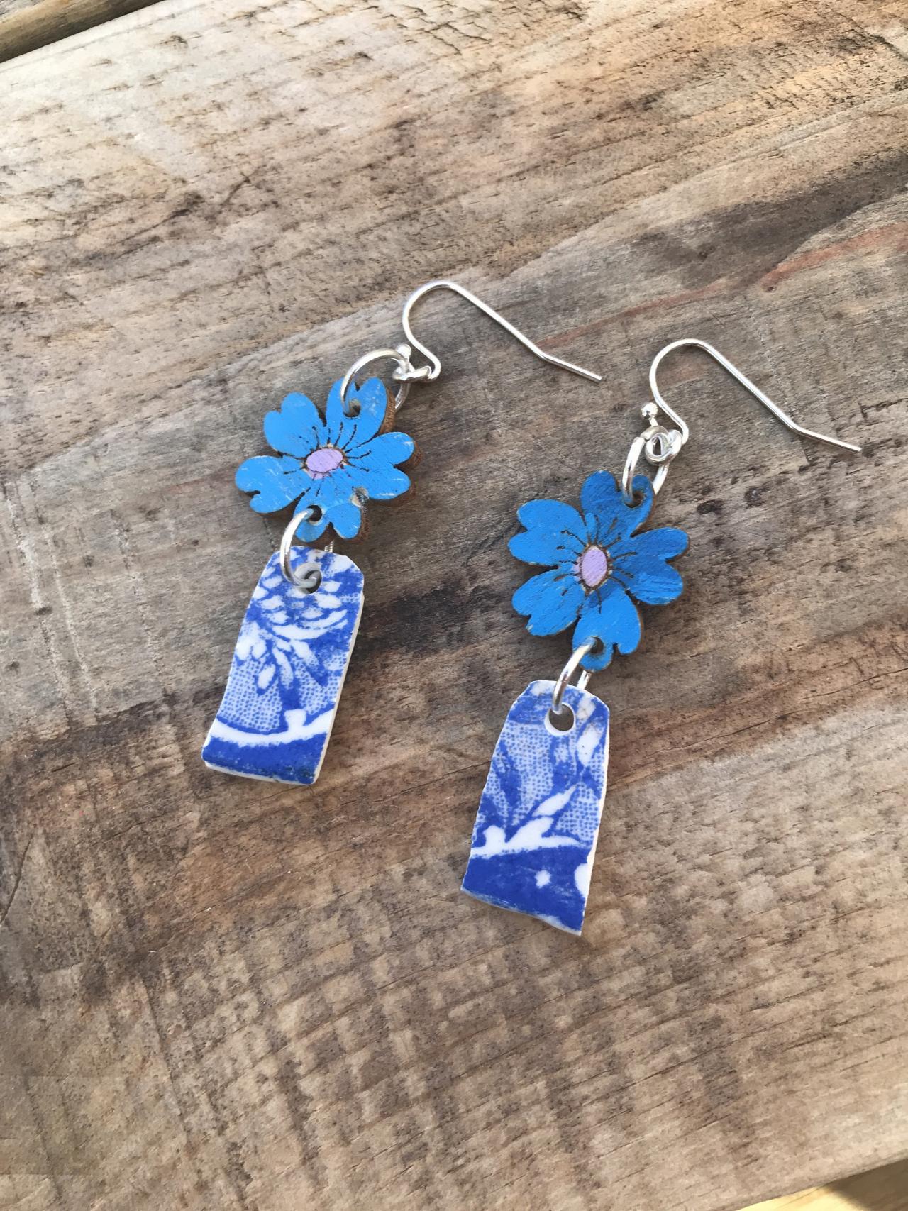 Pretty Blue Wooden Flower And Blue China Earrings With Sterling Silver Wires