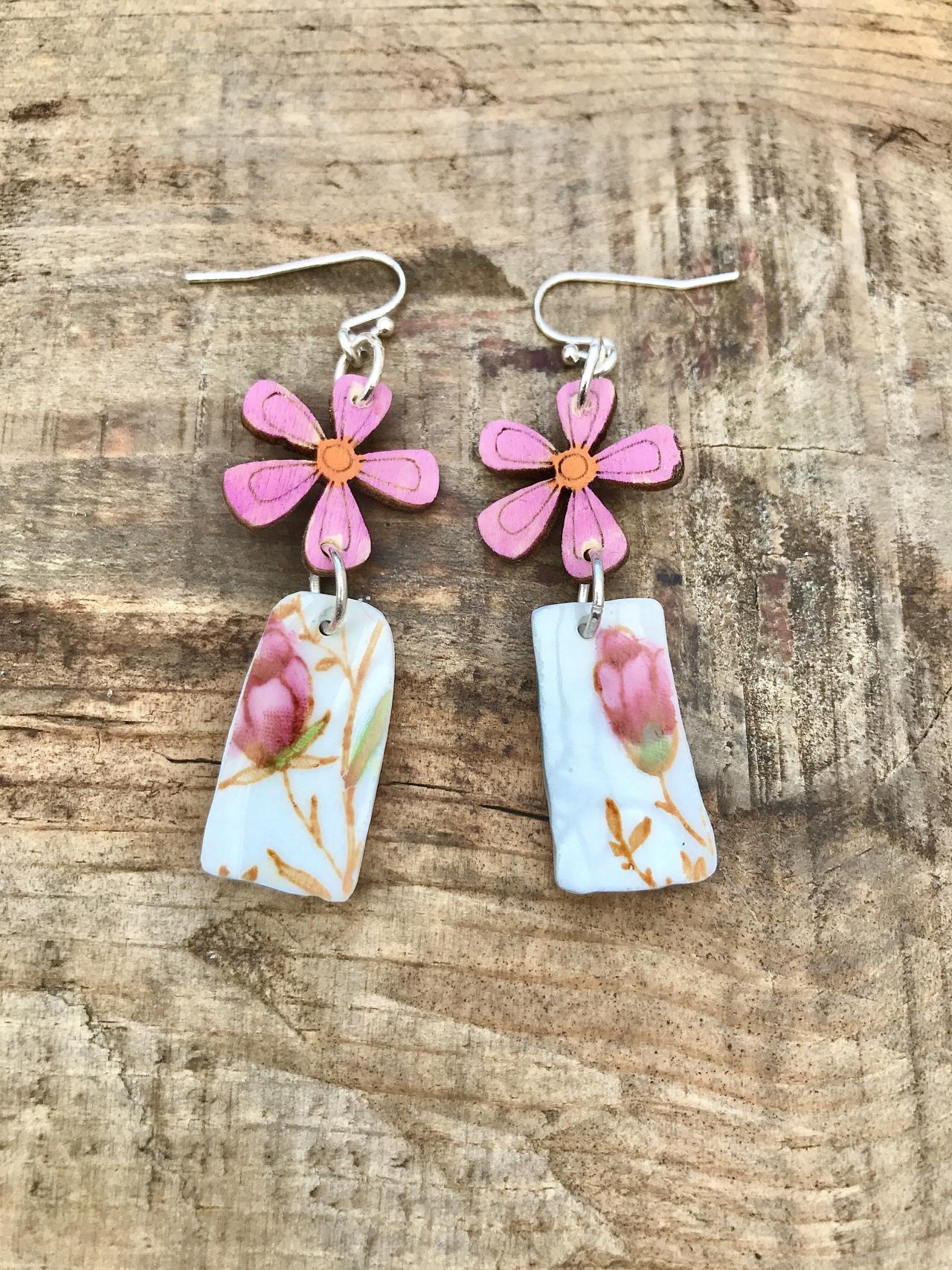 Pretty Wooden Flower And Bone China Earrings With Sterling Silver Wires