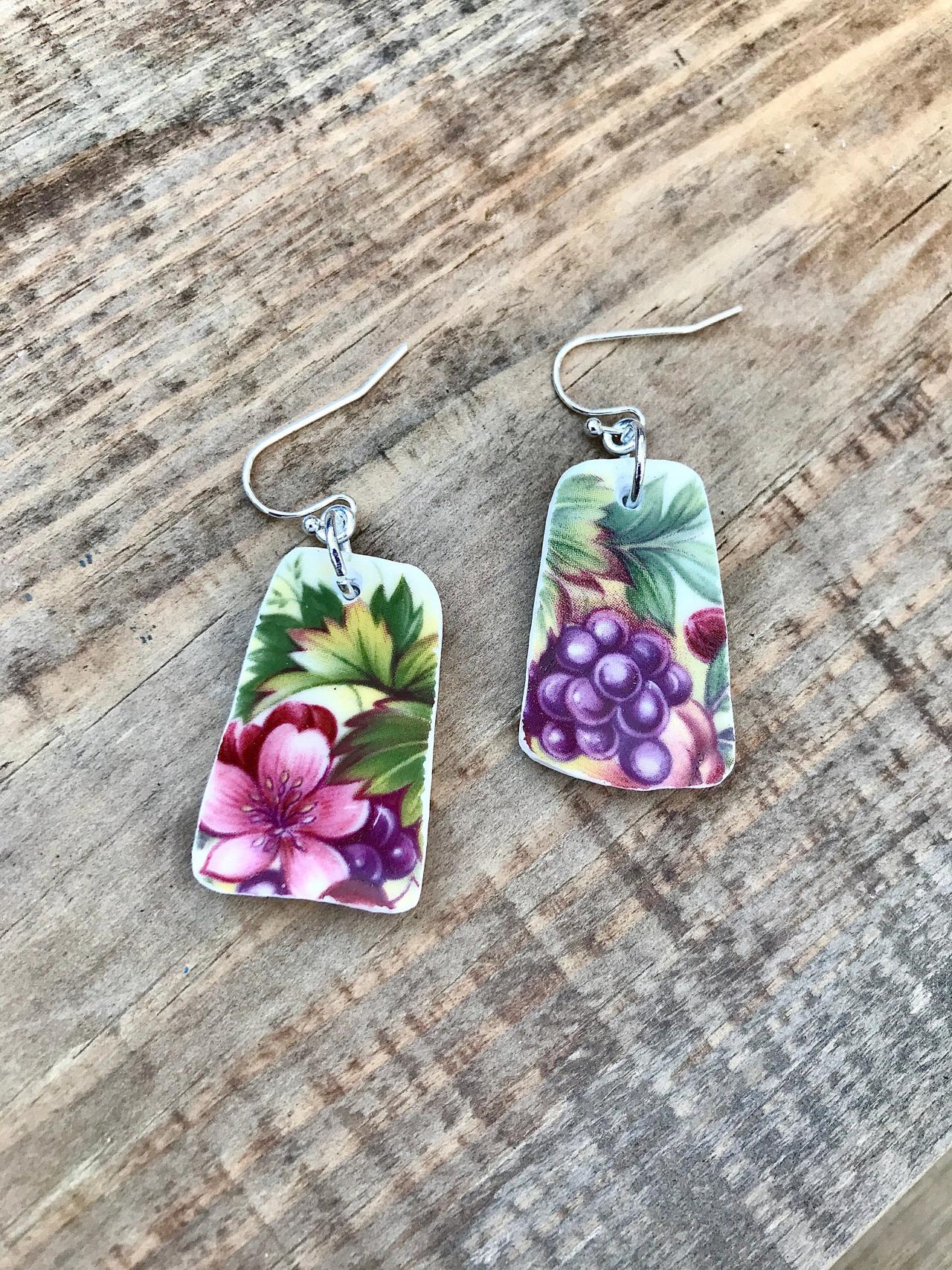 Sweet Fruity Vintage Recycled China Floral Dangle Earrings