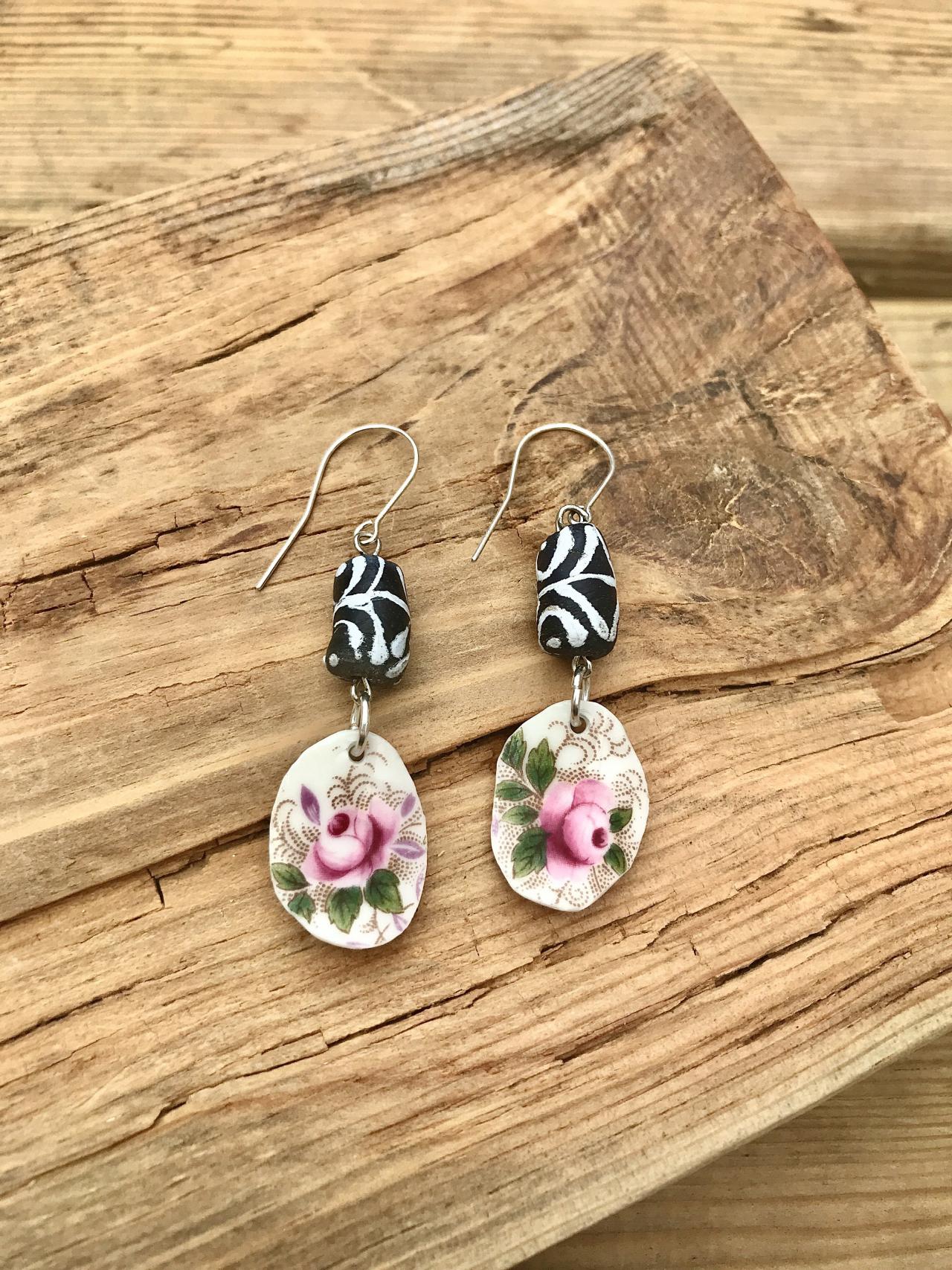 Sweet Pink Rose & Black Glass Bead Vintage Recycled China Dangle Earrings