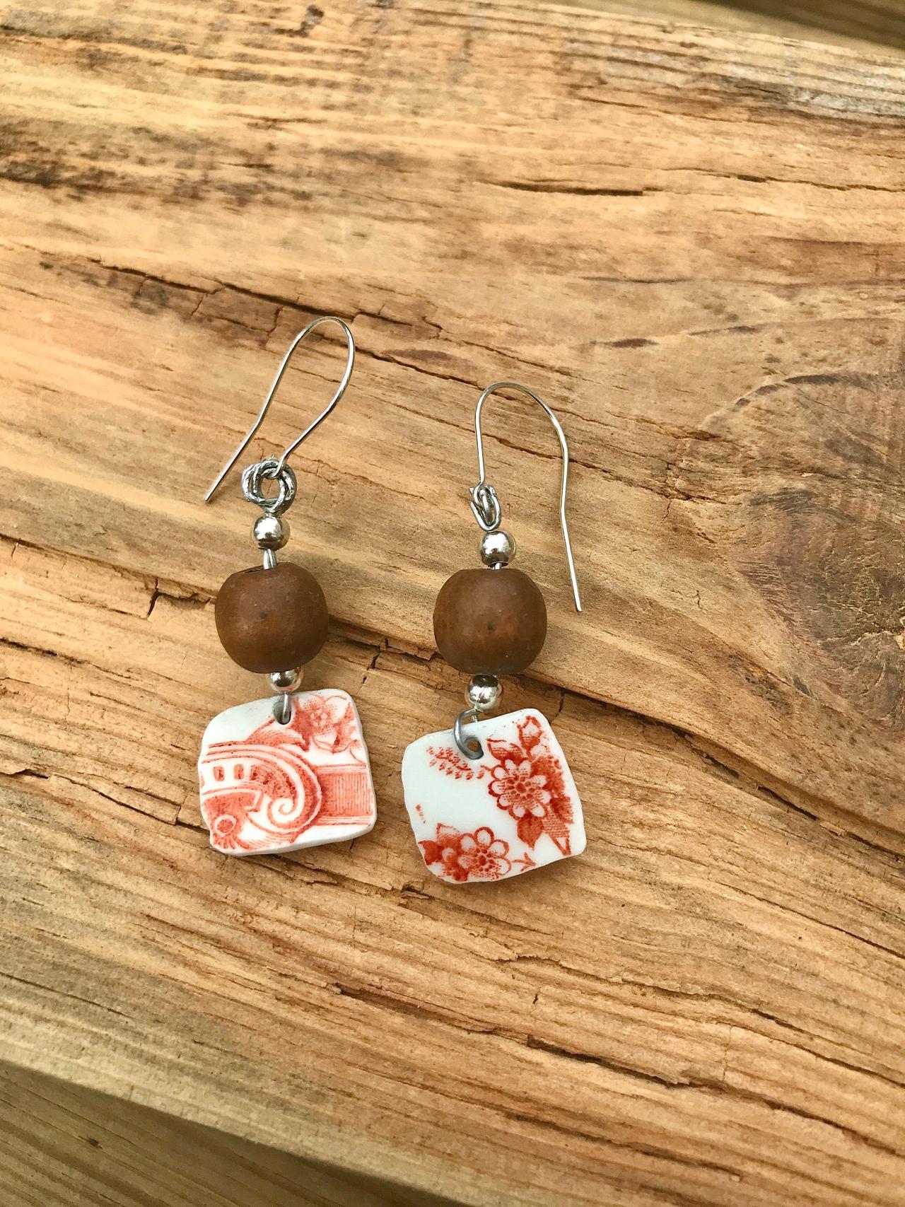 Gorgeous Wood Bead & Orange Vintage Recycled Broken China Earrings With Sterling Silver Wires.