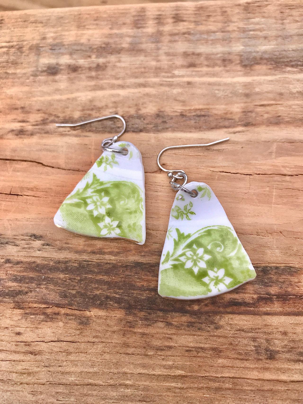 Gorgeous Green Floral Vintage Recycled Broken China Earrings With Sterling Silver Wires.