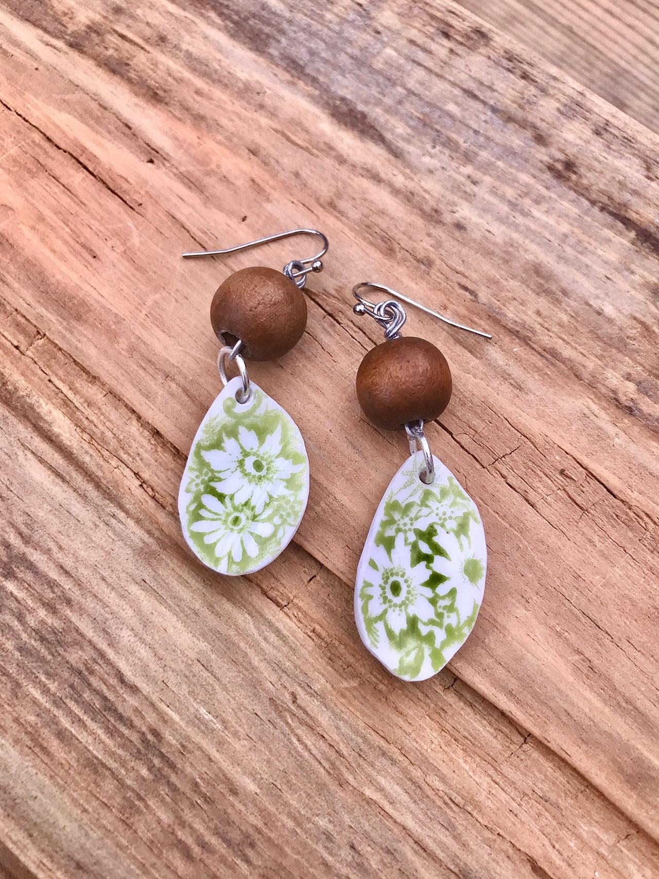 Gorgeous green floral & wood bead vintage recycled China earrings with sterling silver wires.