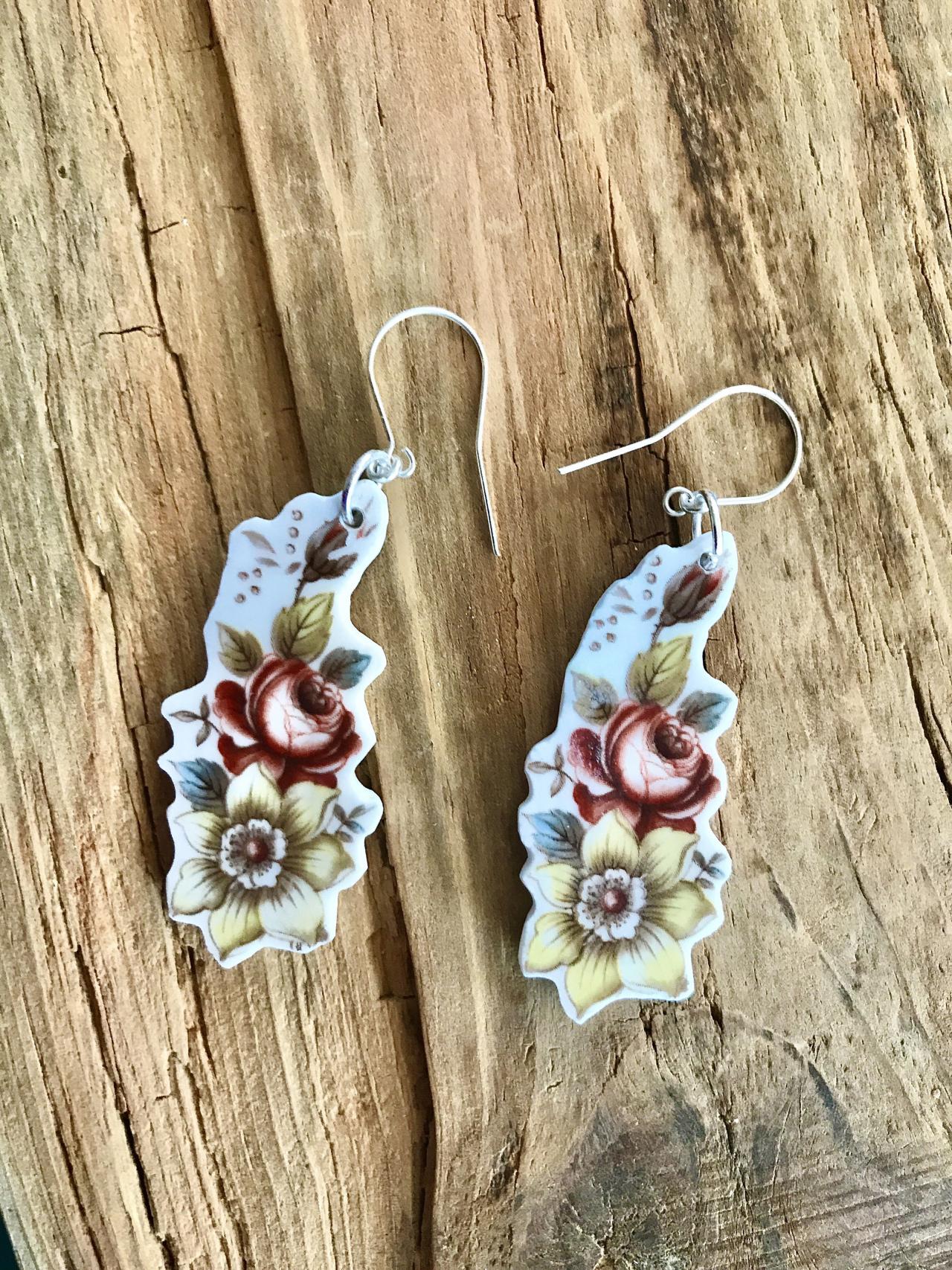 Gorgeous Cream Russet & Grey Floral Vintage Recycled Broken China Earrings With Sterling Silver Wires.