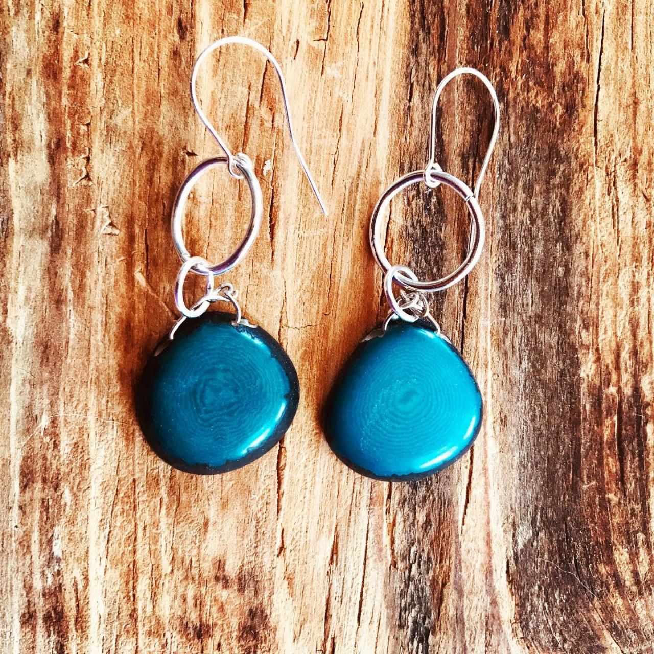 Gorgeous Turquoise Boho Tagua Nut Dangle Earrings With Sterling Silver Wires