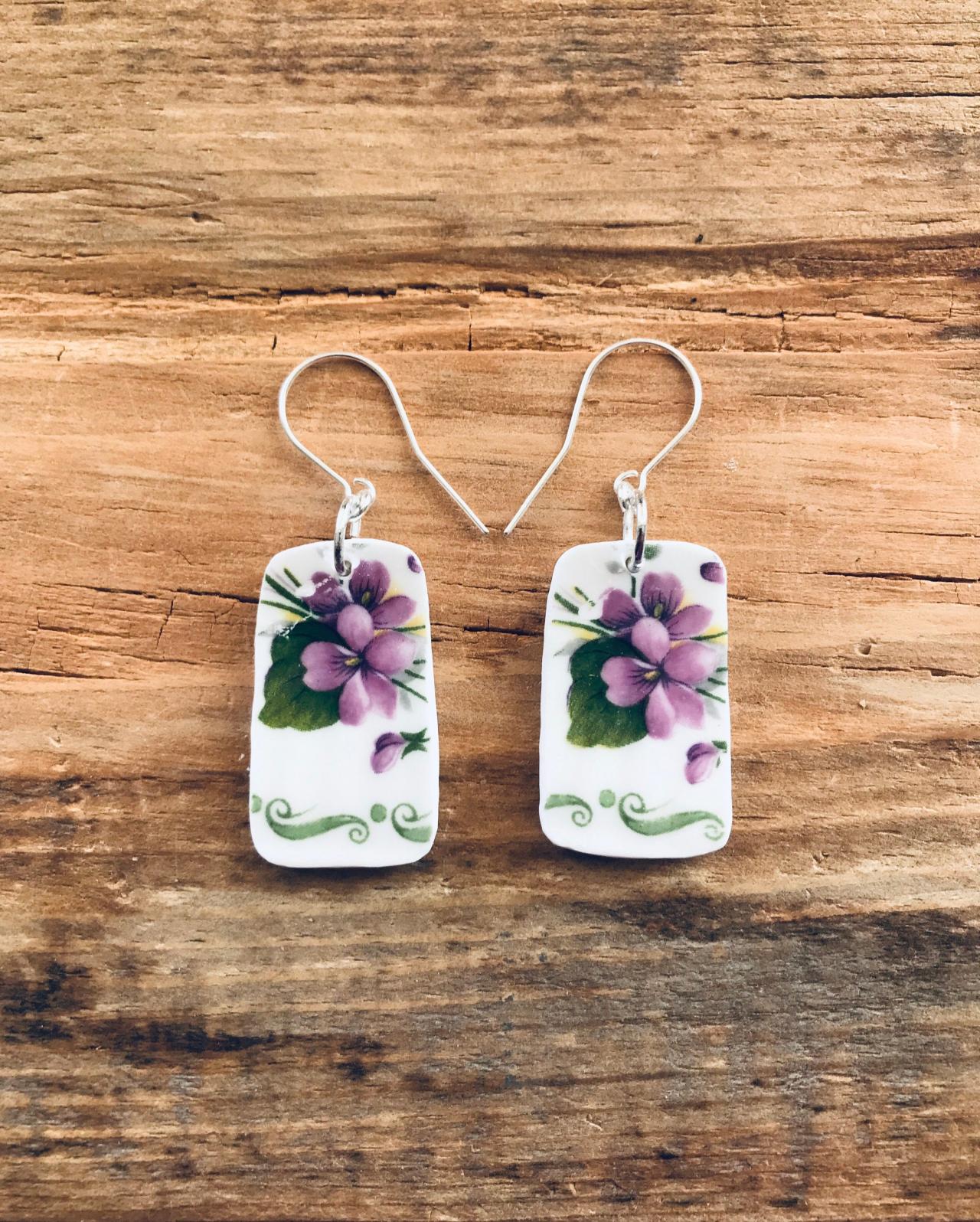 Sweet Purple Vintage Recycled China Floral Dangle Earrings