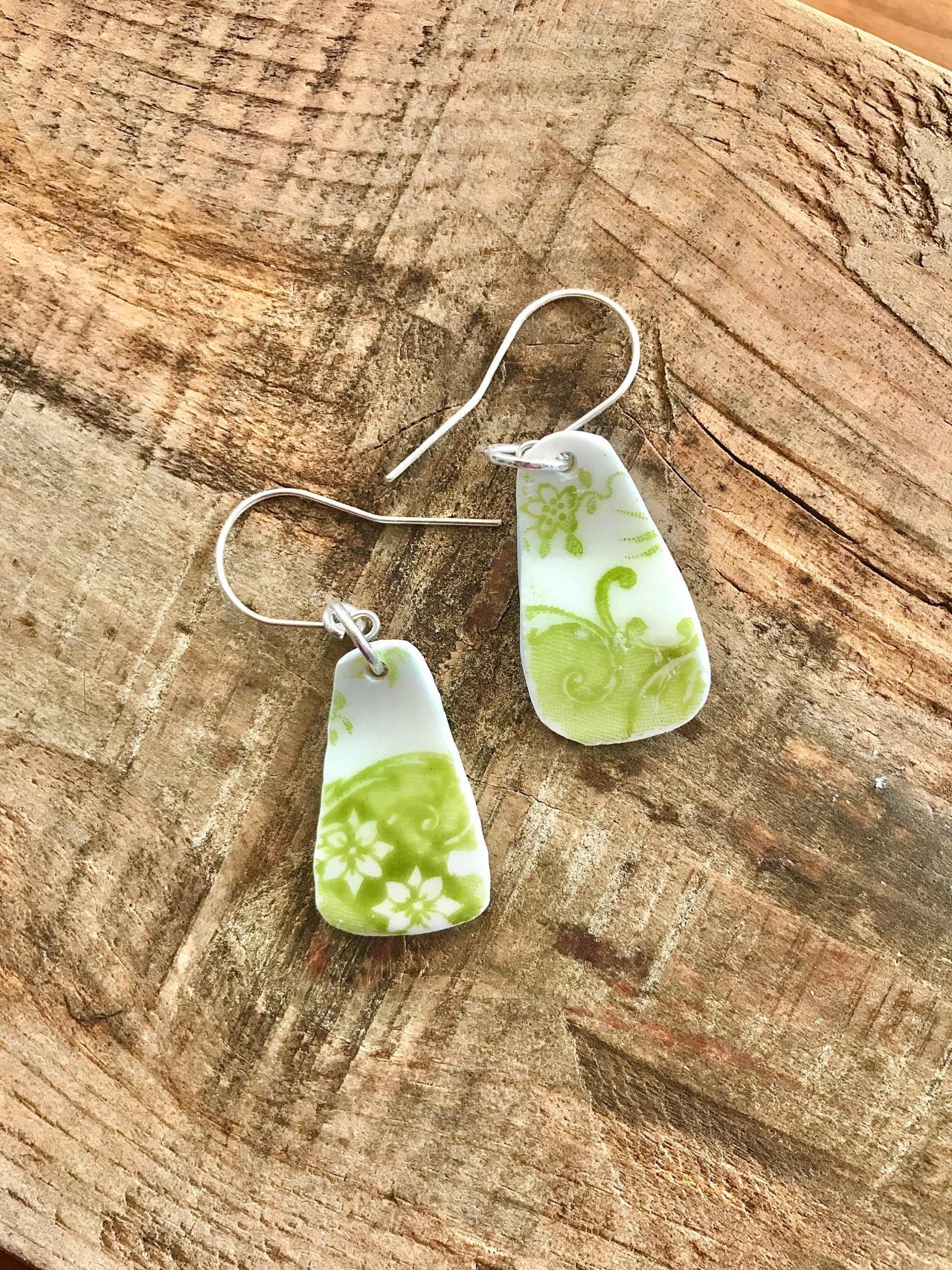 Gorgeous green floral vintage recycled broken China earrings with sterling silver wires.