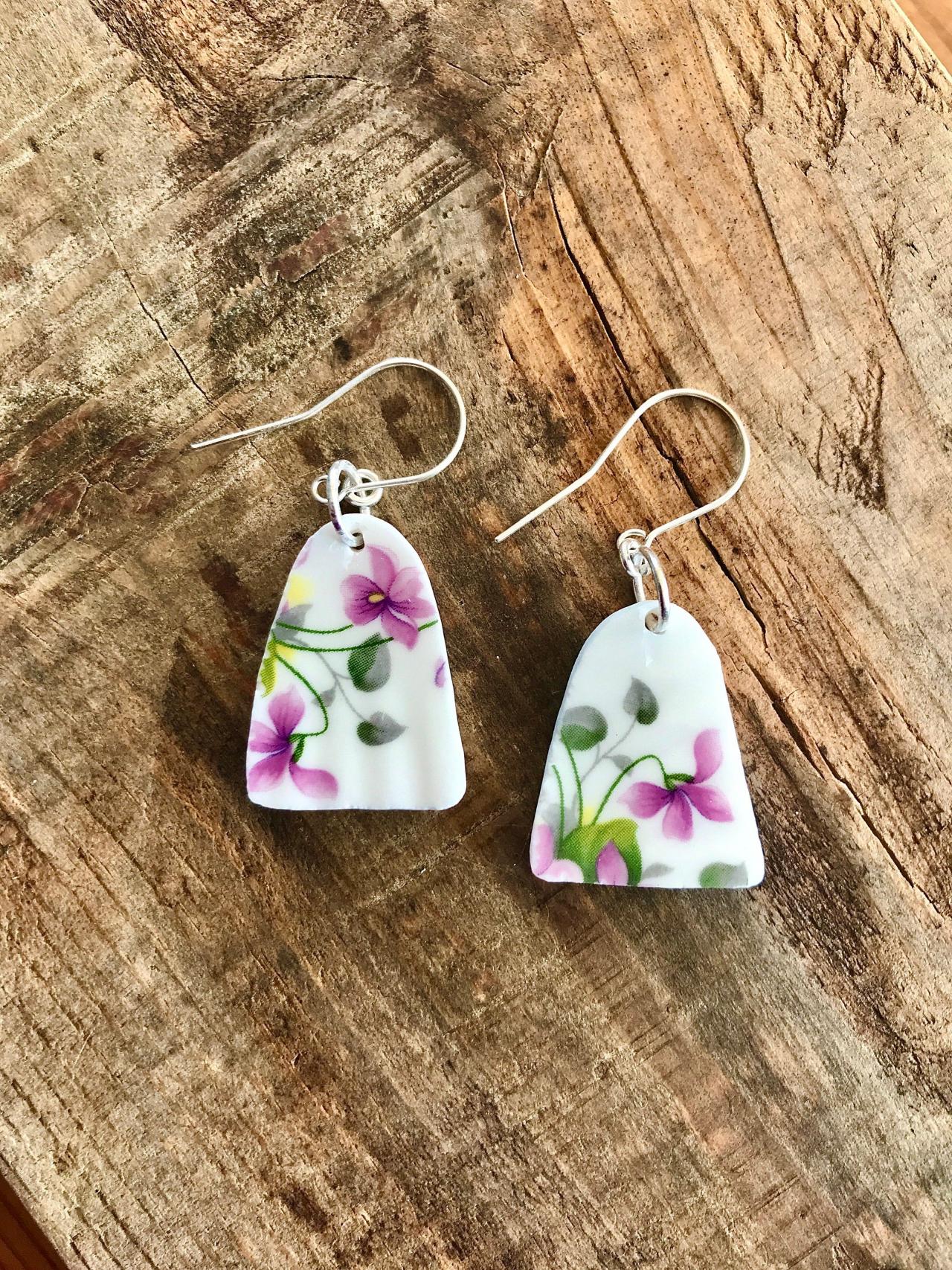 Gorgeous Purple Floral Vintage Recycled Broken China Earrings With Sterling Silver Wires.