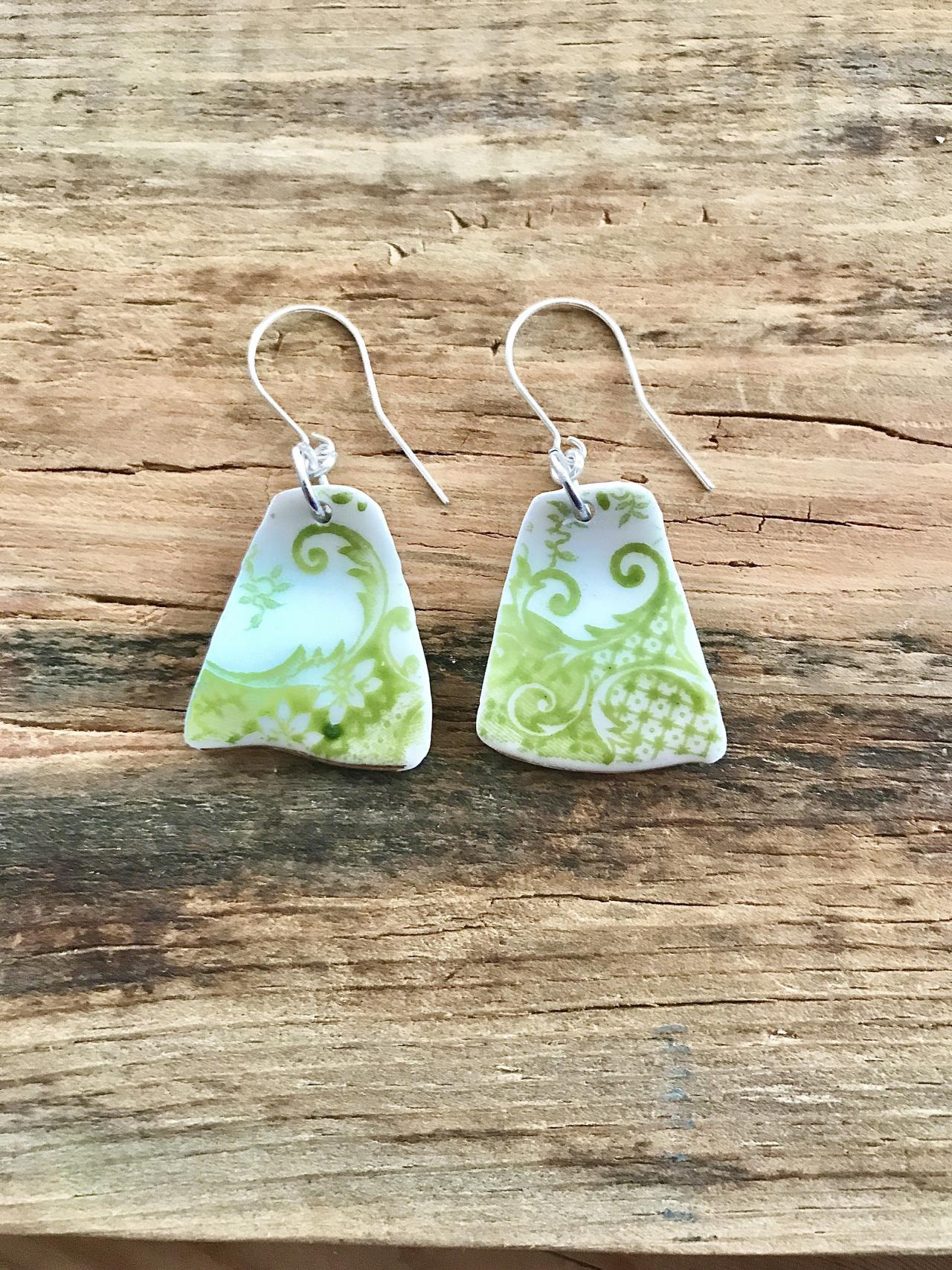 Sweet Vintage Recycled Lime Green China Floral Dangle Earrings