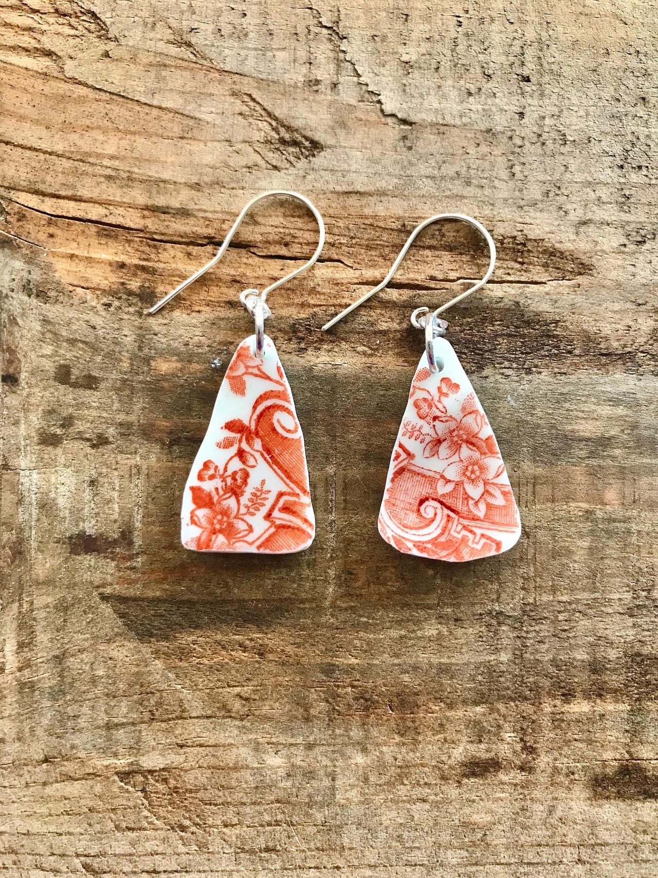 Gorgeous Orange Triangle Vintage Recycled Broken China Earrings With Sterling Silver Wires.