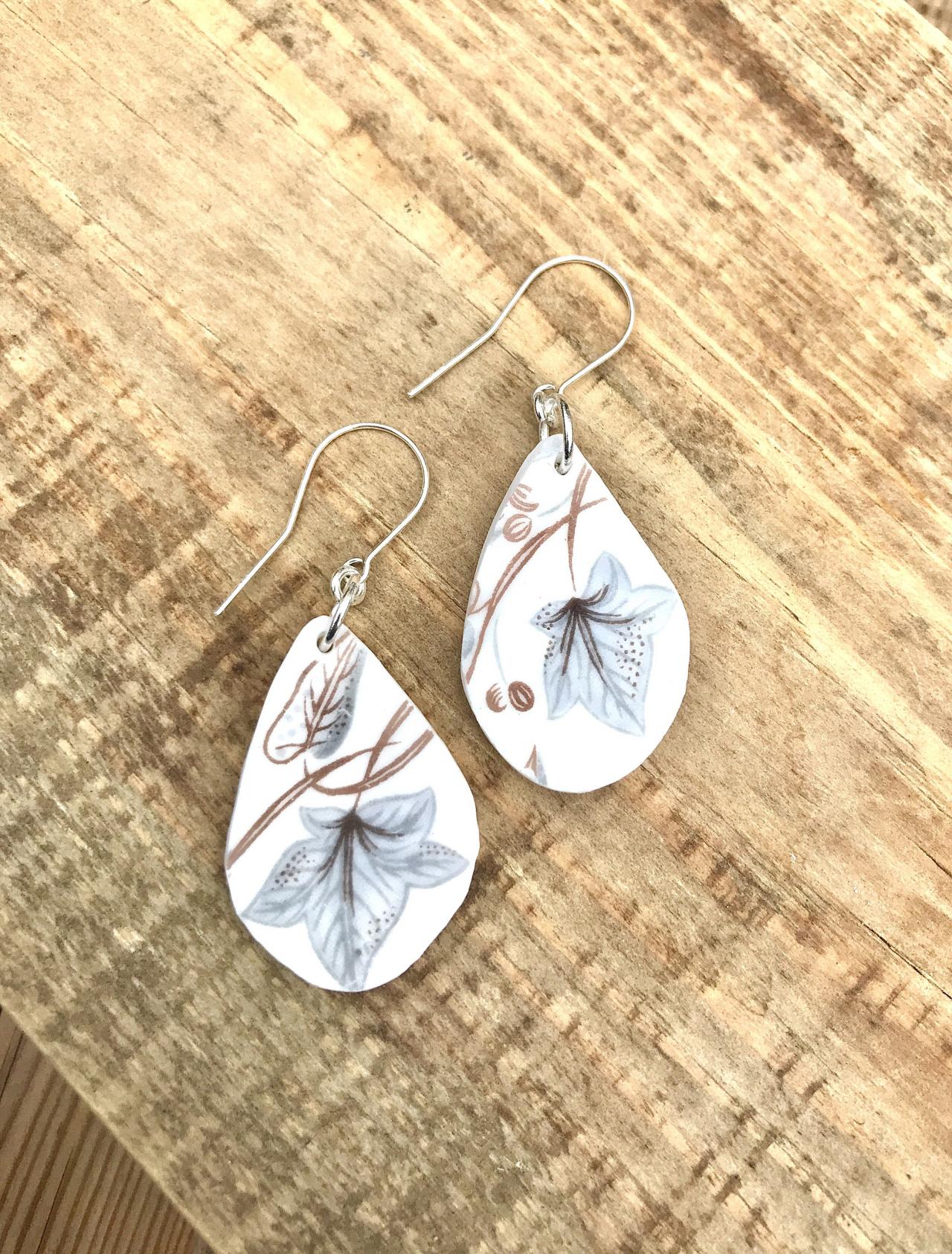 Gorgeous Grey Leaf Vintage Recycled Broken China Earrings With Sterling Silver Wires.