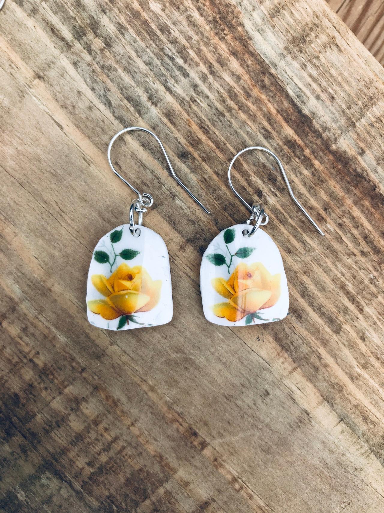 Gorgeous yellow rose vintage recycled broken China earrings with sterling silver wires.