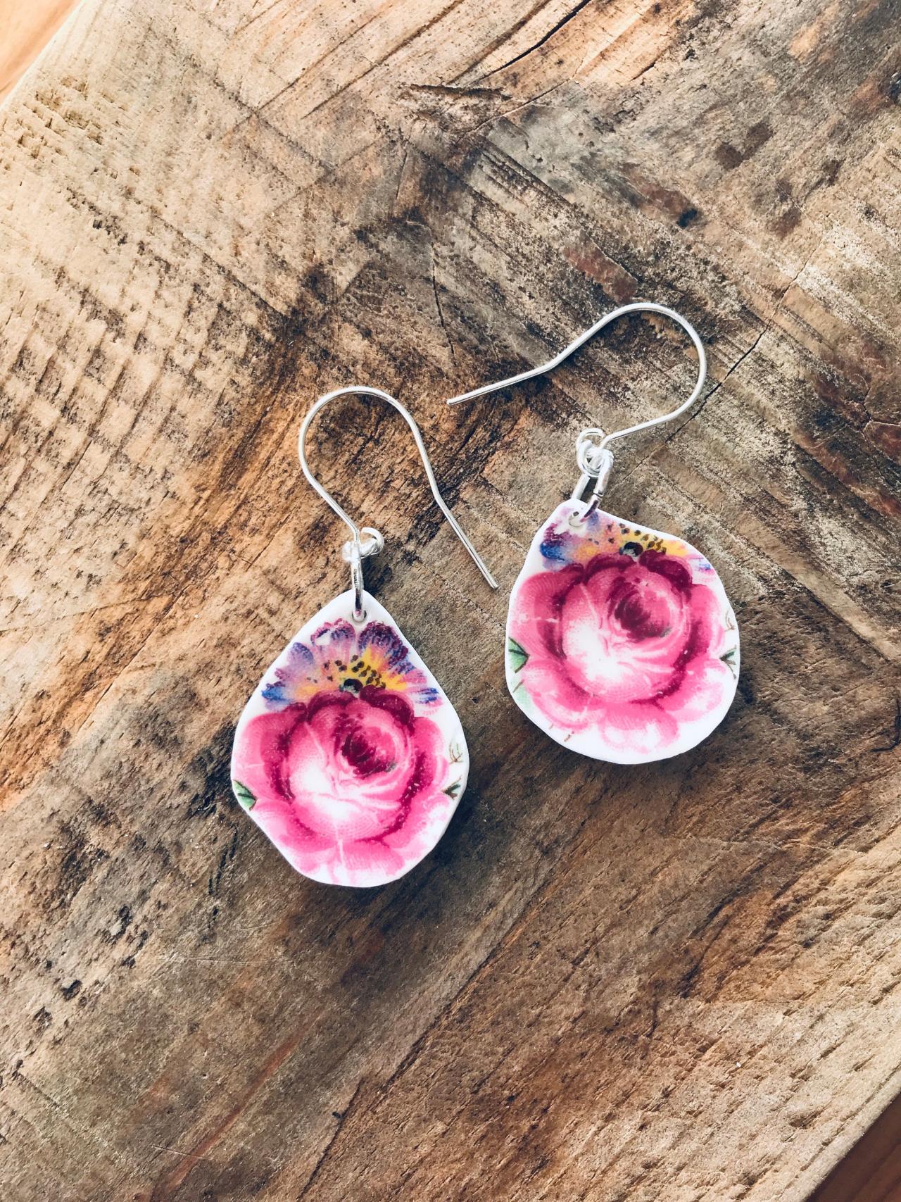 Gorgeous Pink Floral Vintage Recycled Broken China Earrings With Sterling Silver Wires.