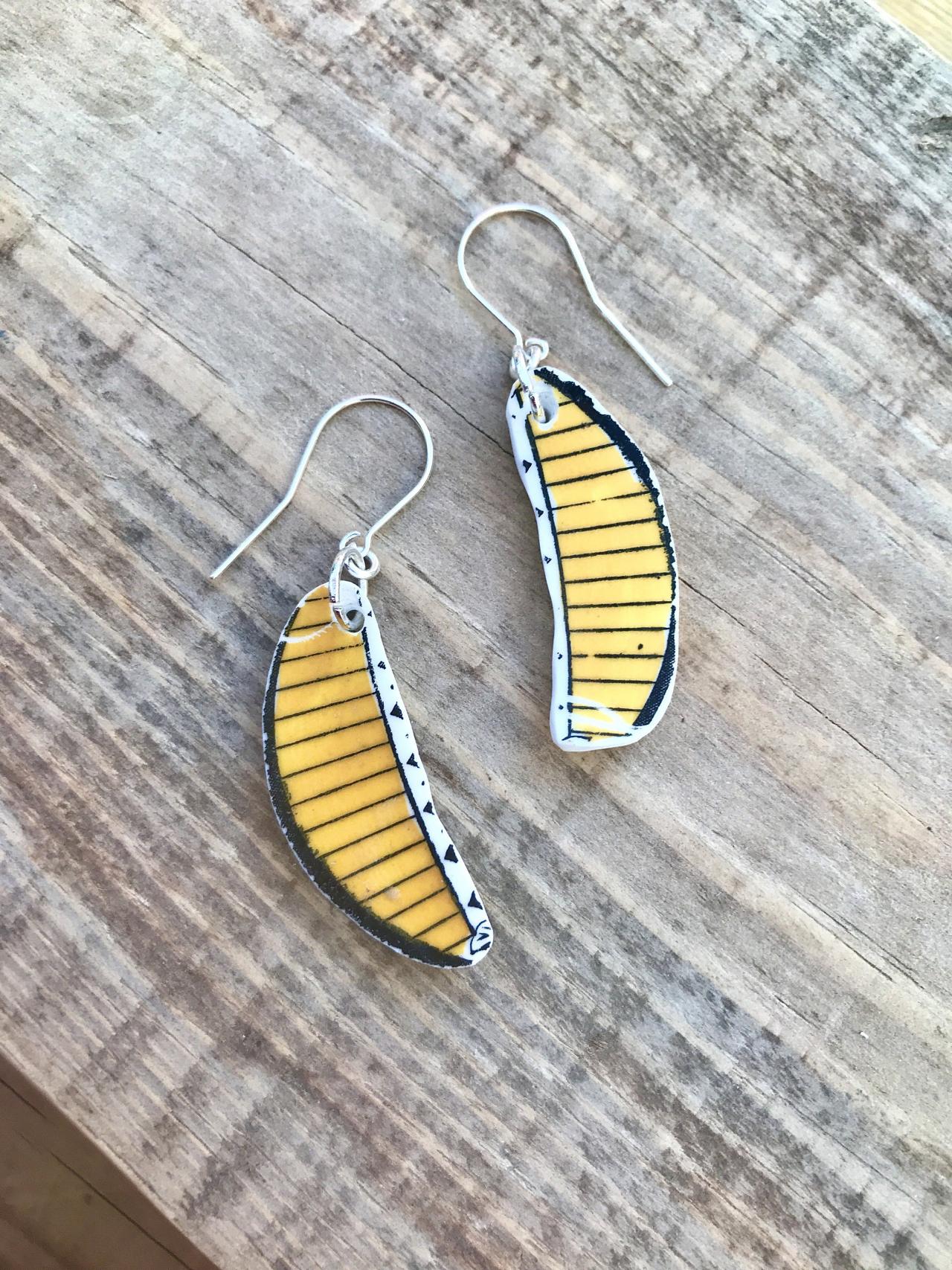 Sweet banana yellow vintage recycled broken China earrings with sterling silver wires.