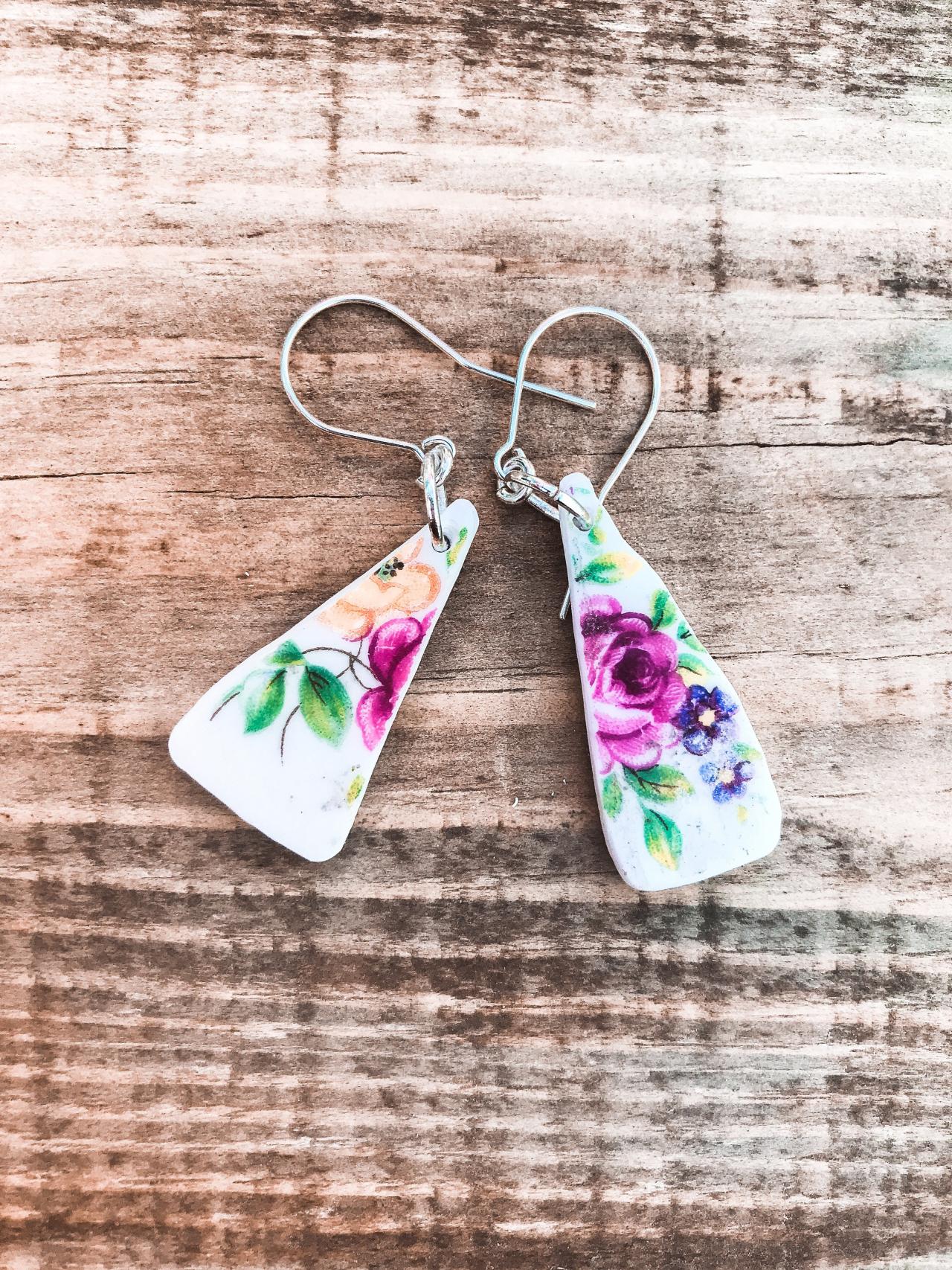 Gorgeous Pink Rose Vintage Recycled Broken China Earrings With Sterling Silver Wires.