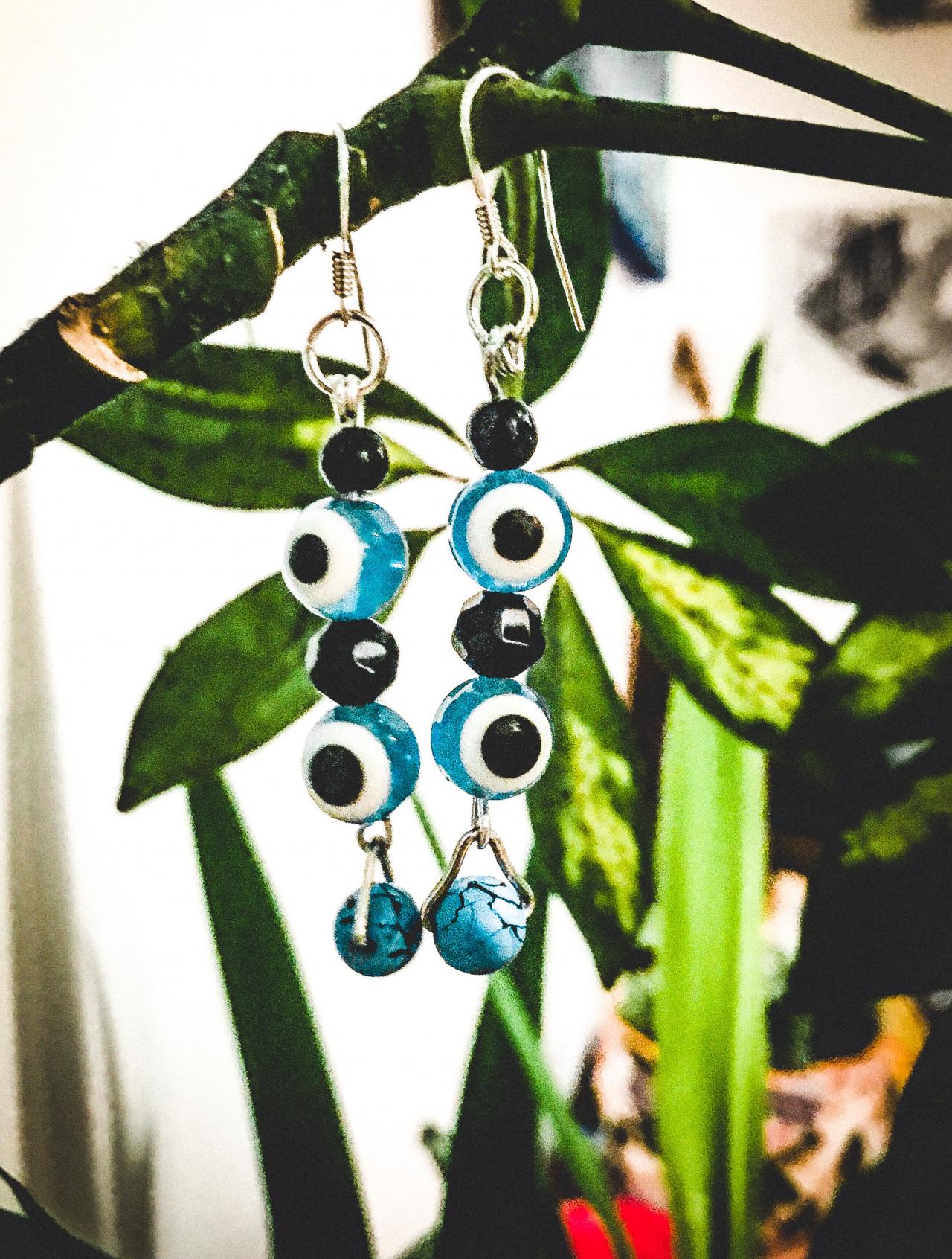 Gorgeous Boho Recycled Turquoise Eye & Black Beads Dangle Earrings