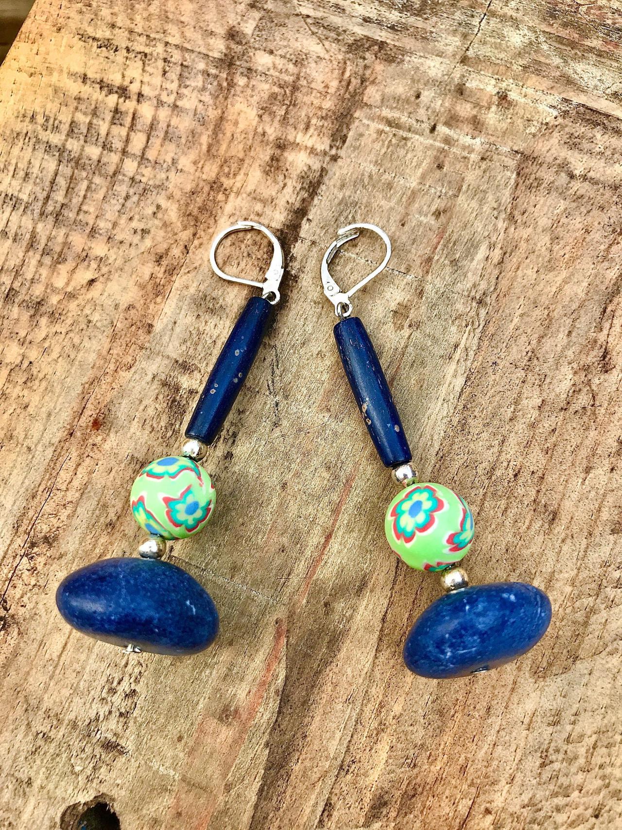Gorgeous Boho Recycled Blue Green Bead & Navy Semi Precious Stone Dangle Earrings