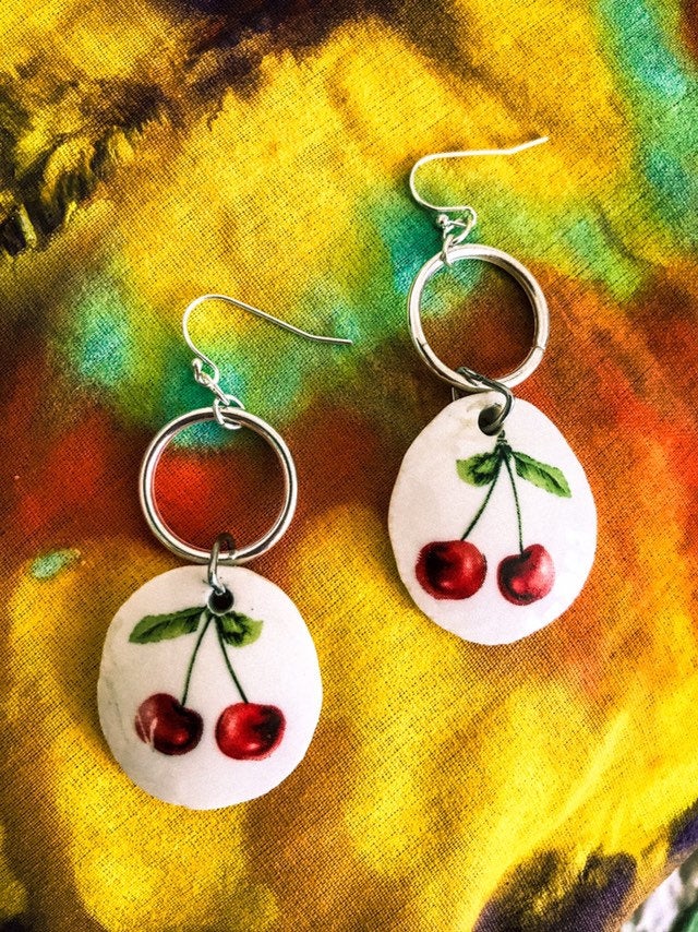 Sweet Vintage Recycled China Round Cherry Dangle Earrings