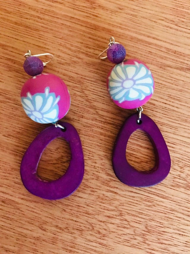 Gorgeous Boho Purple Clay Bead & Tagua Nut Dangle Earrings