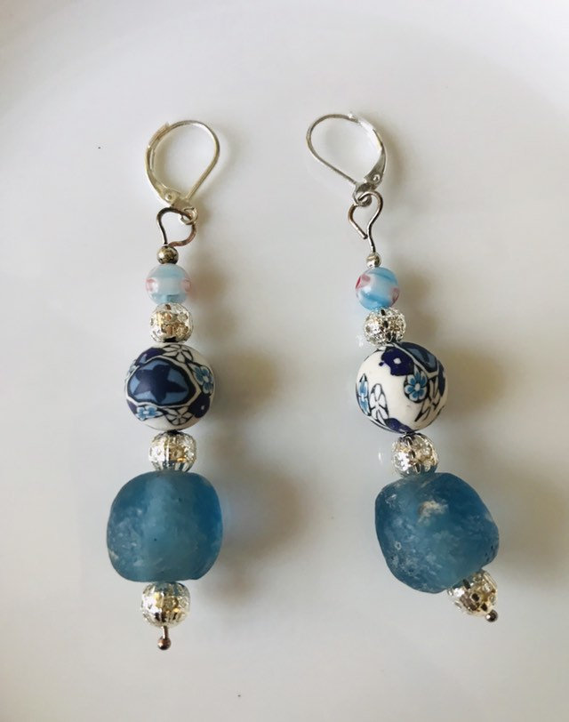 Pretty Boho Blue Recycled Bottle Glass Dangle Earrings
