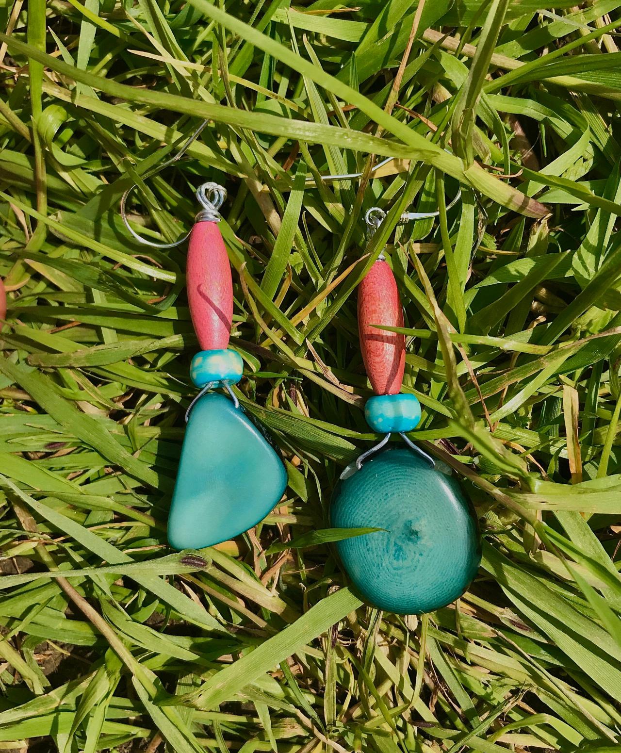 Gorgeous Pink & Turquoise Boho Tagua Nut Dangle Earrings With Sterling Silver Wires