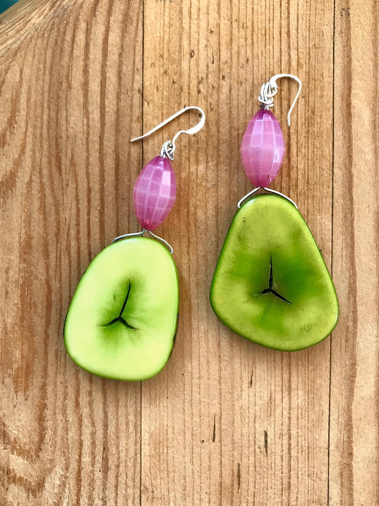 Gorgeous Lime & Pink Boho Tagua Nut Dangle Earrings With Sterling Silver Wires