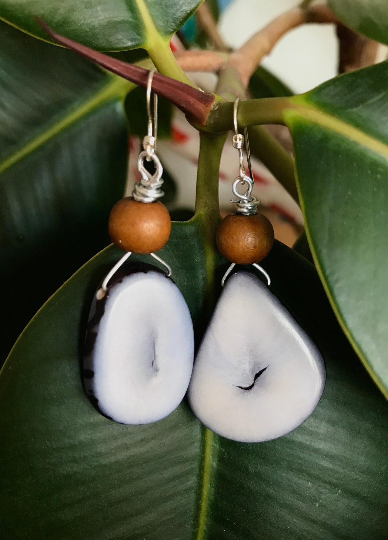 Gorgeous Lilac Boho Tagua Nut Dangle Earrings With Sterling Silver Wires