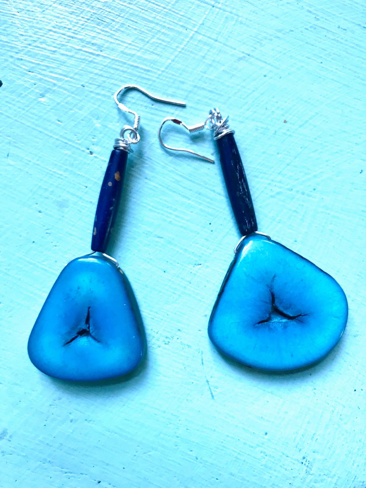 Gorgeous Blue Boho Tagua Nut Dangle Earrings With Sterling Silver Wires
