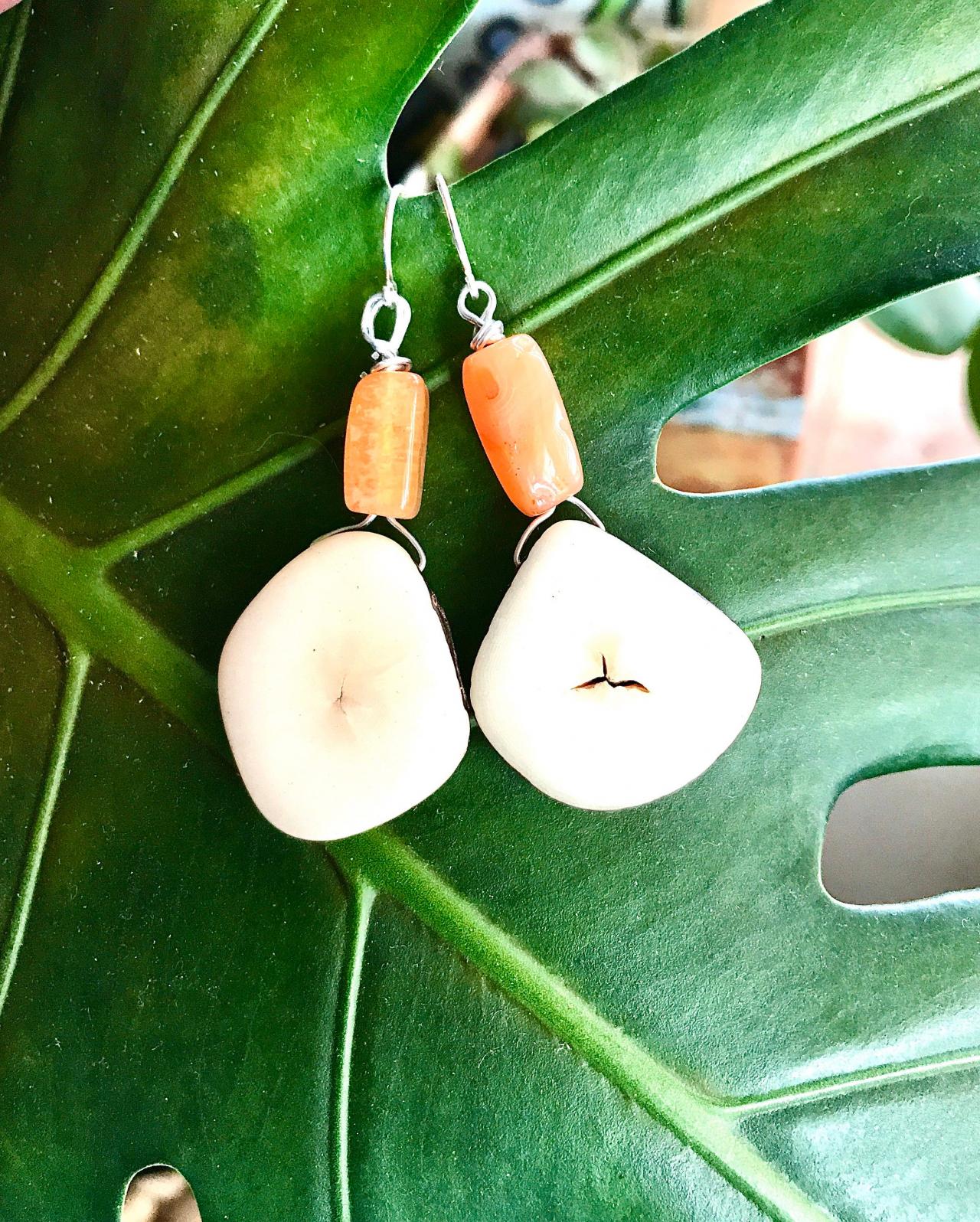 Gorgeous Creamy White Boho Tagua Nut Dangle Earrings With Sterling Silver Wires