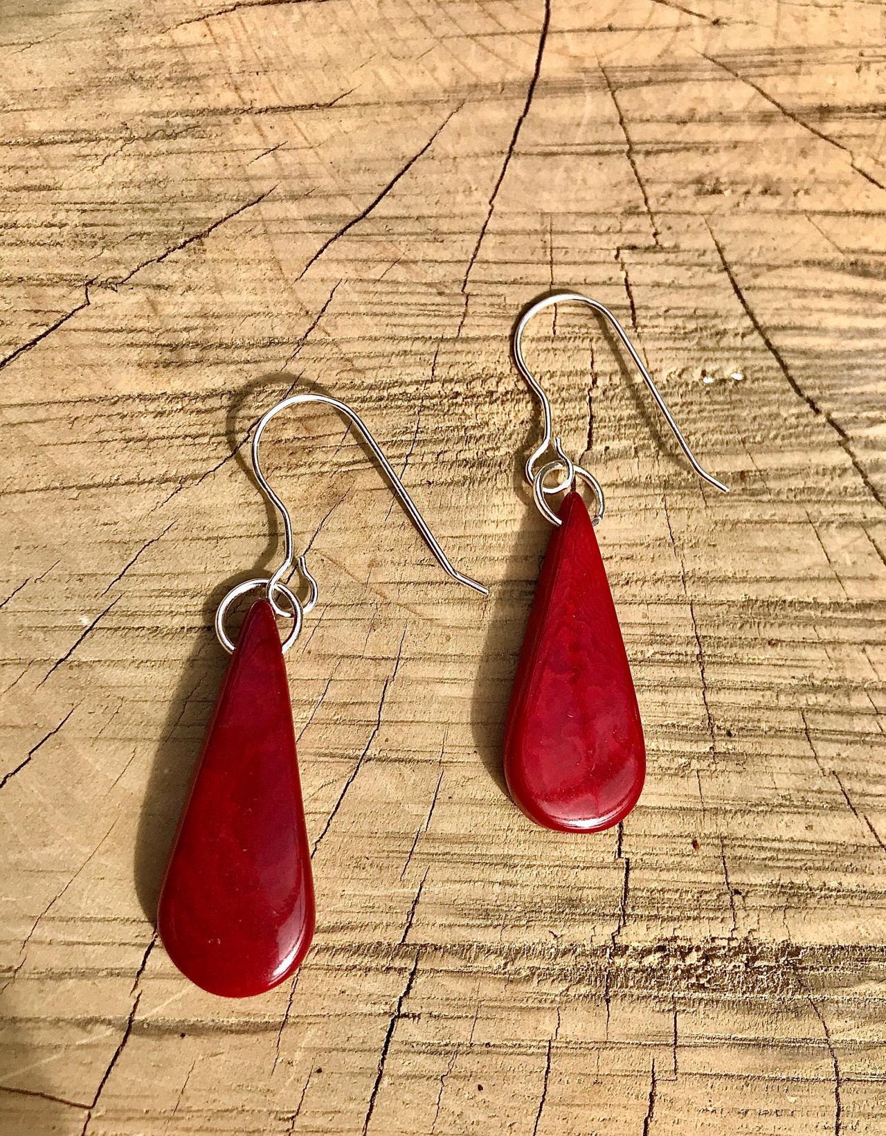 Beautiful Ruby Red Teardrop Tagua Nut (vegetable Ivory) Dangle Earrings With Sterling Silver Wires’