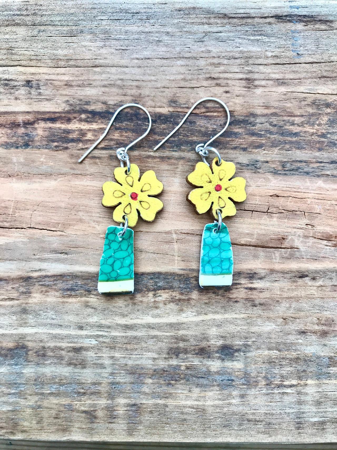 Pretty Yellow Flower And Green Bone China Earrings With Sterling Silver Wires.