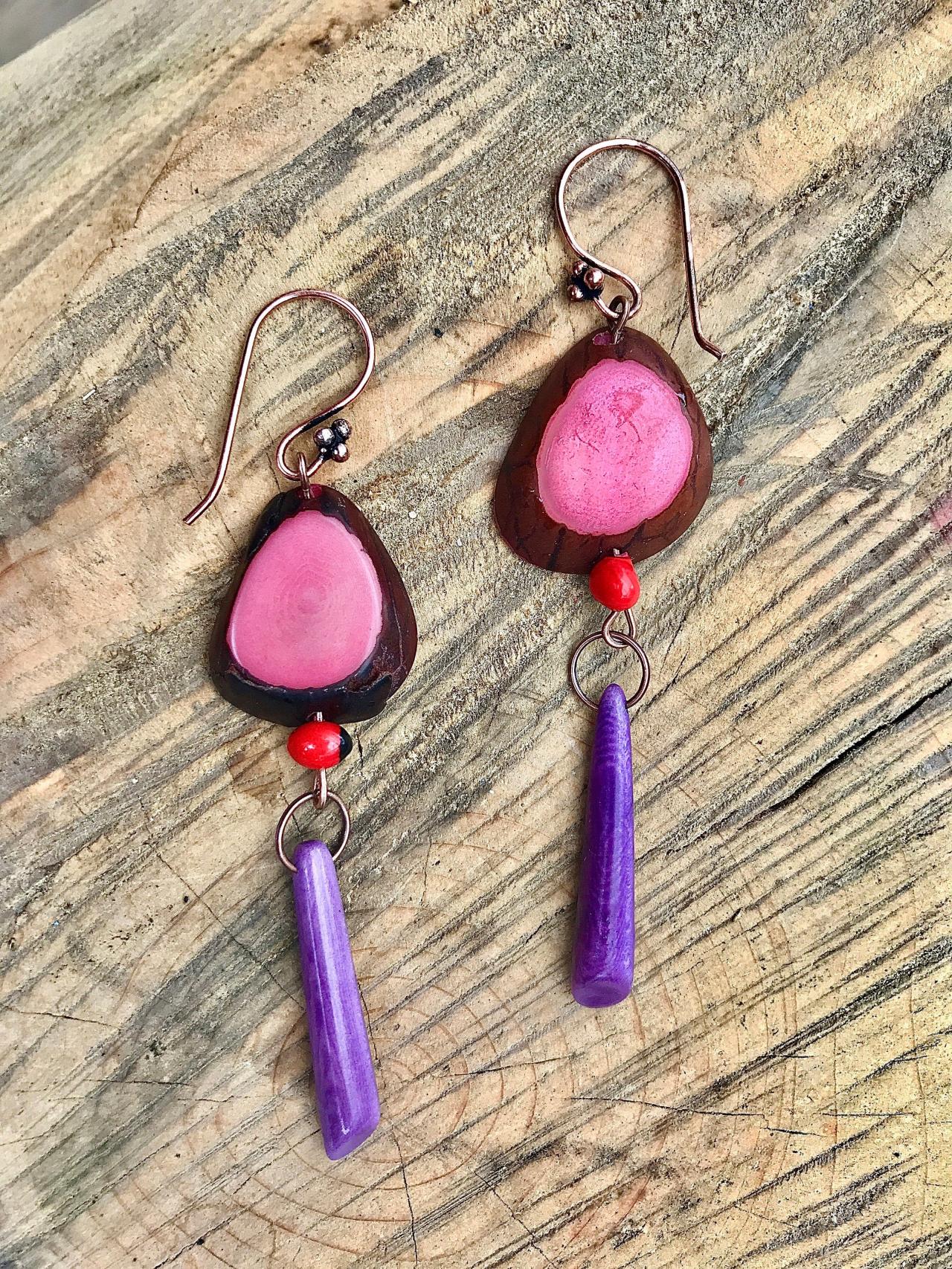 Gorgeous BoHo pink & purple tagua nut dangle earrings