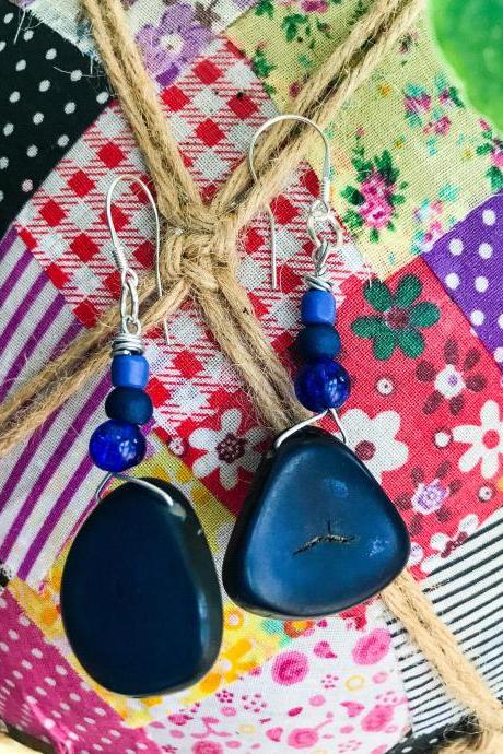 Gorgeous BoHo dark blue tagua nut dangle earrings