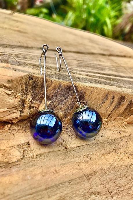 Stunning metallic blue boho recycled glass marble dangle earrings with sterling silver ear wires