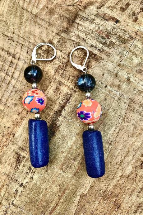 Gorgeous boho recycled orange clay bead & navy wood bead dangle earrings