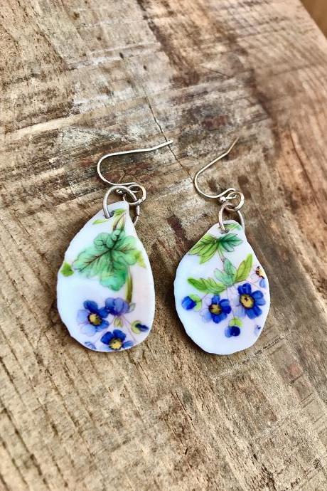 Sweet blue flower vintage recycled China earrings