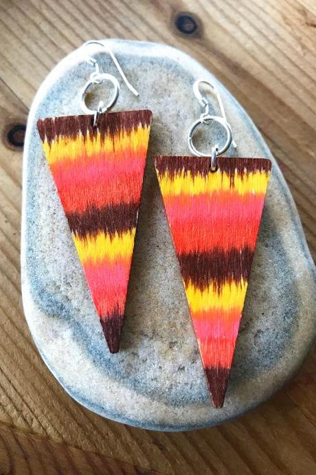 Pretty BoHo colourful tie dye arrow wooden earrings