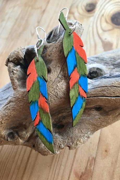 Pretty BoHo colourful wooden feather earrings